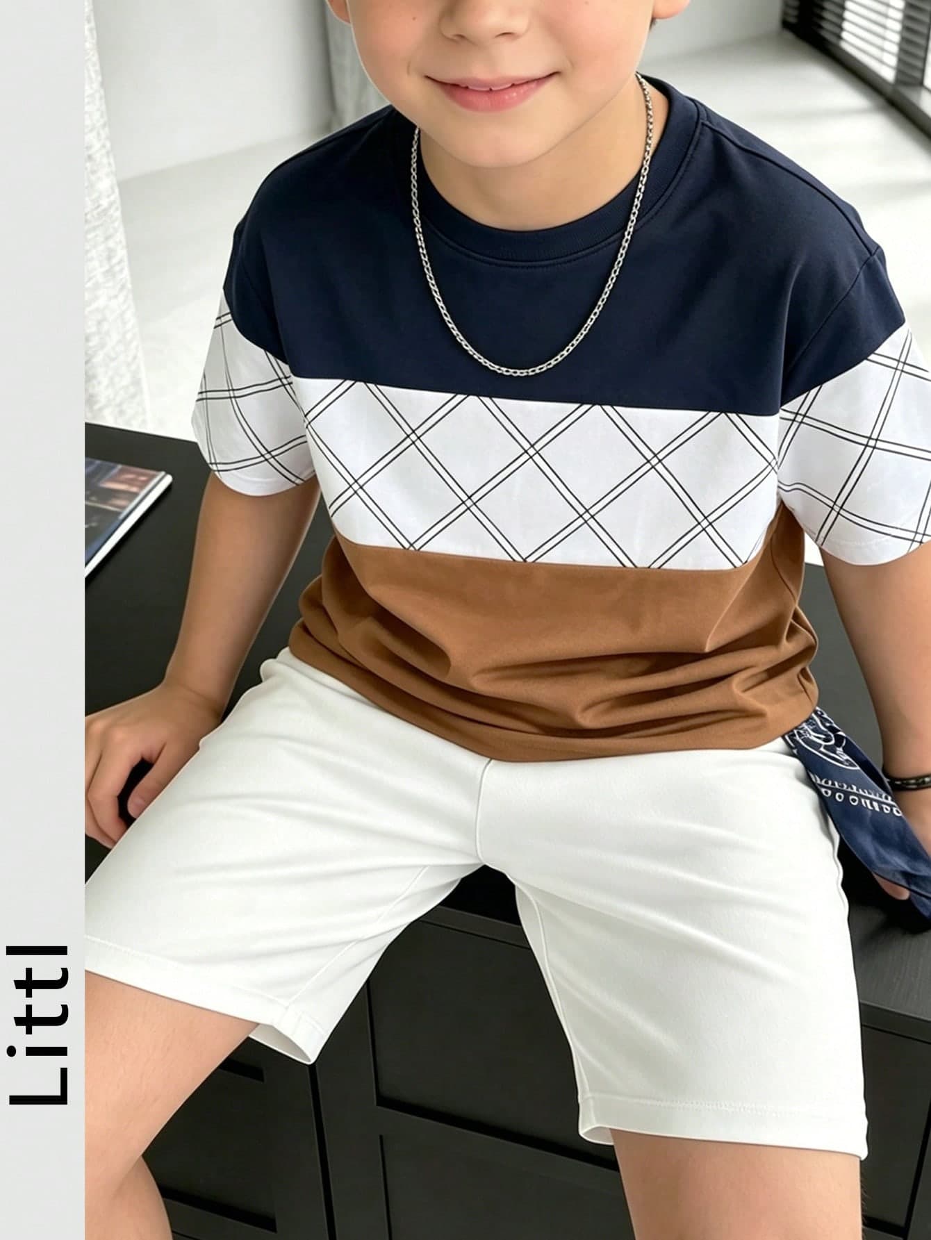 Toddler Boys Color Block Argyle Print T-Shirt, Short Sleeve Crew Neck Casual Top, Kids Color Block Plaid Line Summer Top