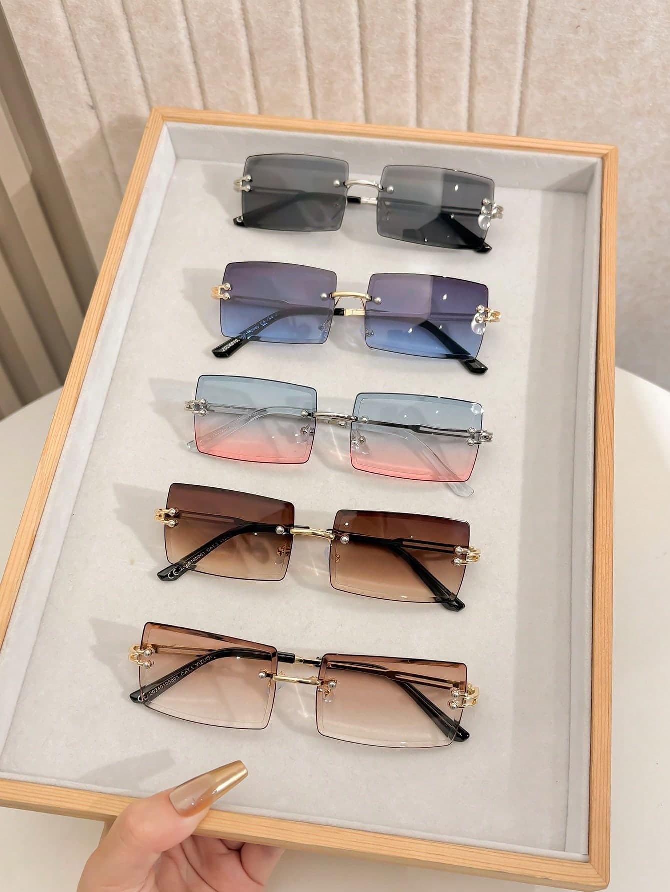 5pcs Rectangular Frameless Fashion Metal Fashion Glasses, Available In Blue, Pink, Black, Yellowish Outdoor Travel Beach Accessories, Summer Beach Holiday Glasses