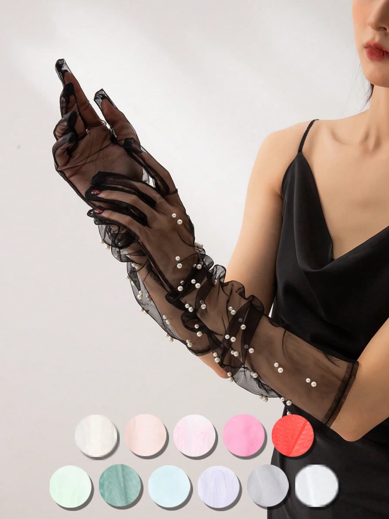 INNNEVV 1 Pair Women's Pearl Tulle Elegant Party Evening Long Gloves