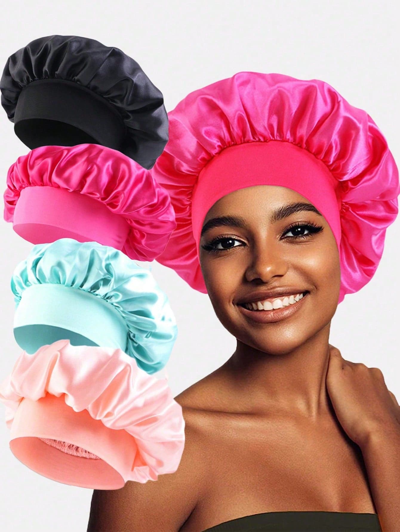 4pcs Women's Solid Color Elastic Wide Brim Satin Sleep Caps, Beauty Care Hair Protection Caps Suitable For Daily Use