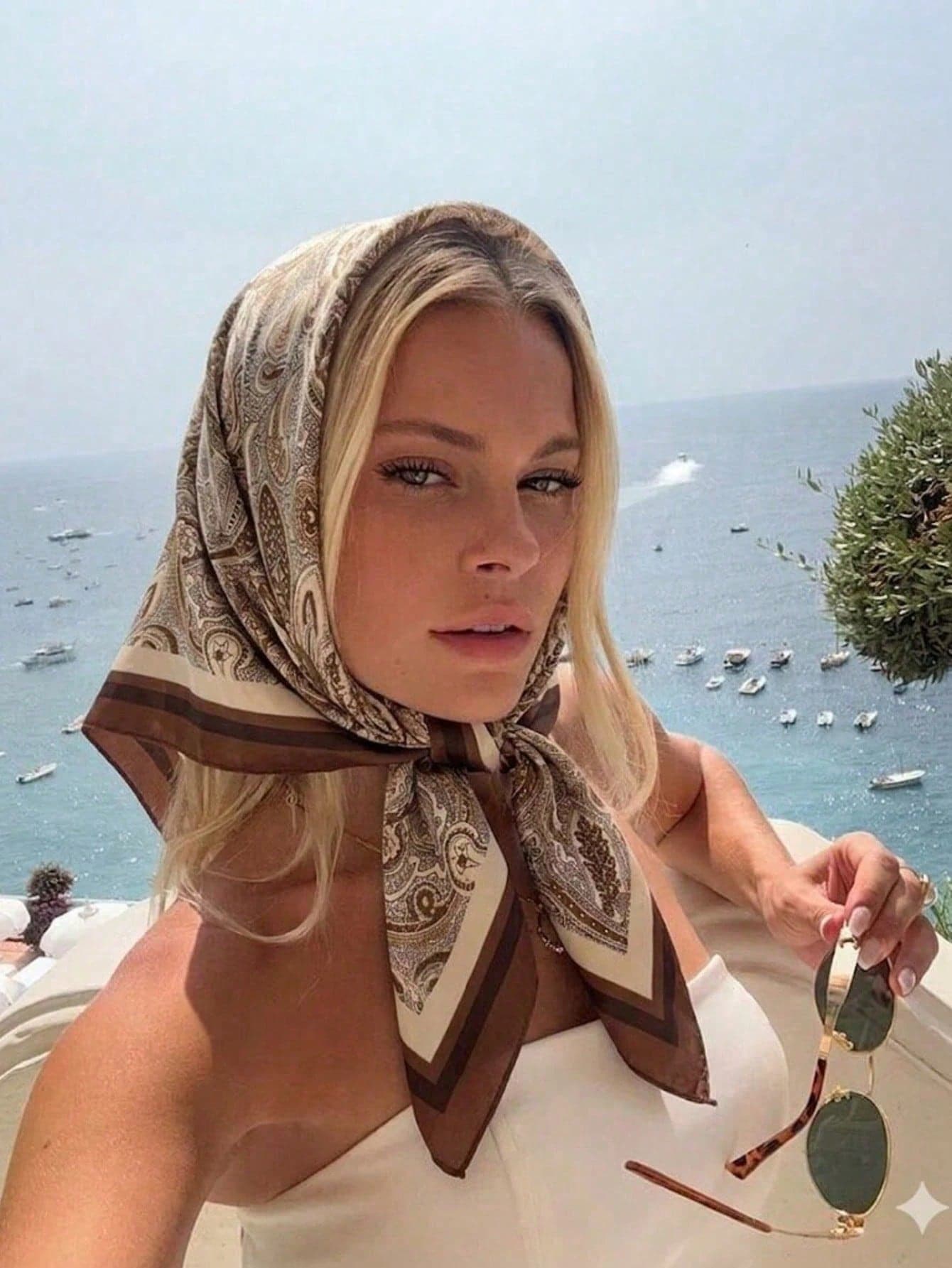 1pc Brown Cashew Flower Print Faux Silk Scarf, French Luxury Elegant, Suitable For All Seasons, Can Be Used As Neck Scarf Or Decorative Accessory