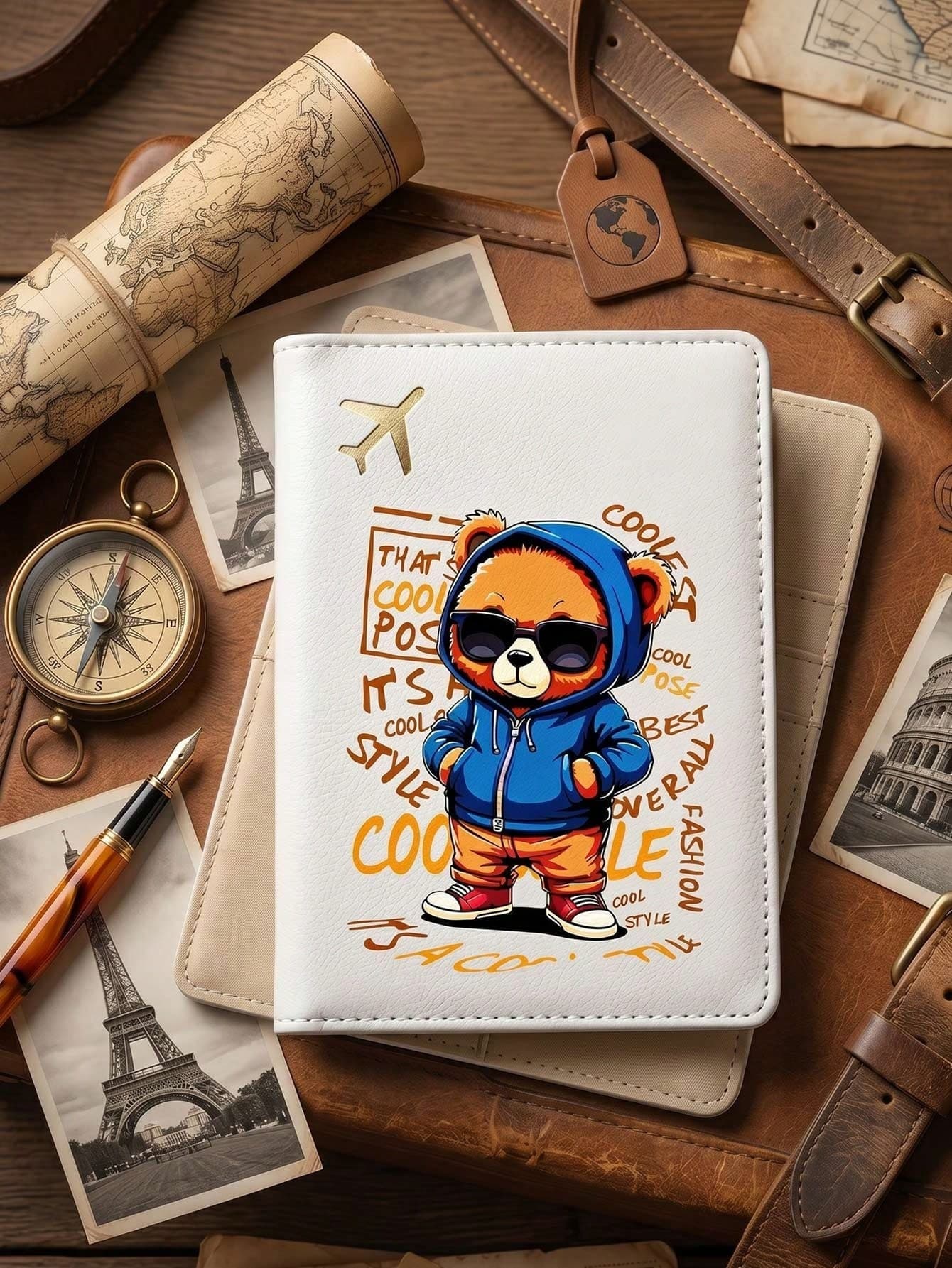 1pc Fashion Cartoon Bear Pattern Passport Cover, Minimalist Design, Foldable For Convenient Use, Travel Essential, Fashion Passport Holder. Personalized Passport Protector Card Holder, Cruise Essential, Yellow, Black, Blue, Pink, Red, White, 6 Colors Available, Colorful, Minimalist, Personalized, Unique, Travel Essential For Passport Holders