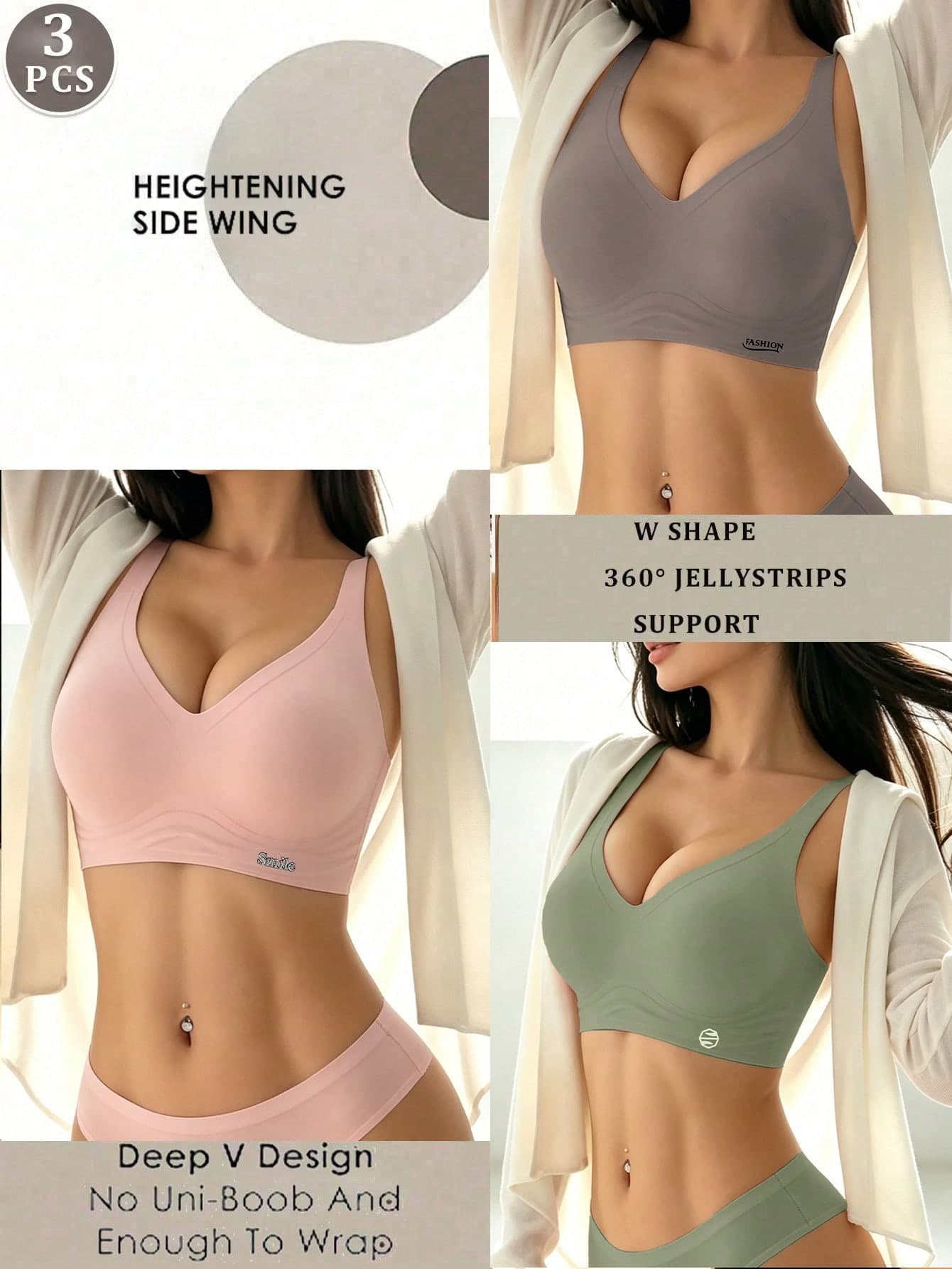 3pcs/Set Women's Small Bust Push-Up Lifting Side-Boob Support Anti-Sagging Seamless Adjustable Wire-Free Bra