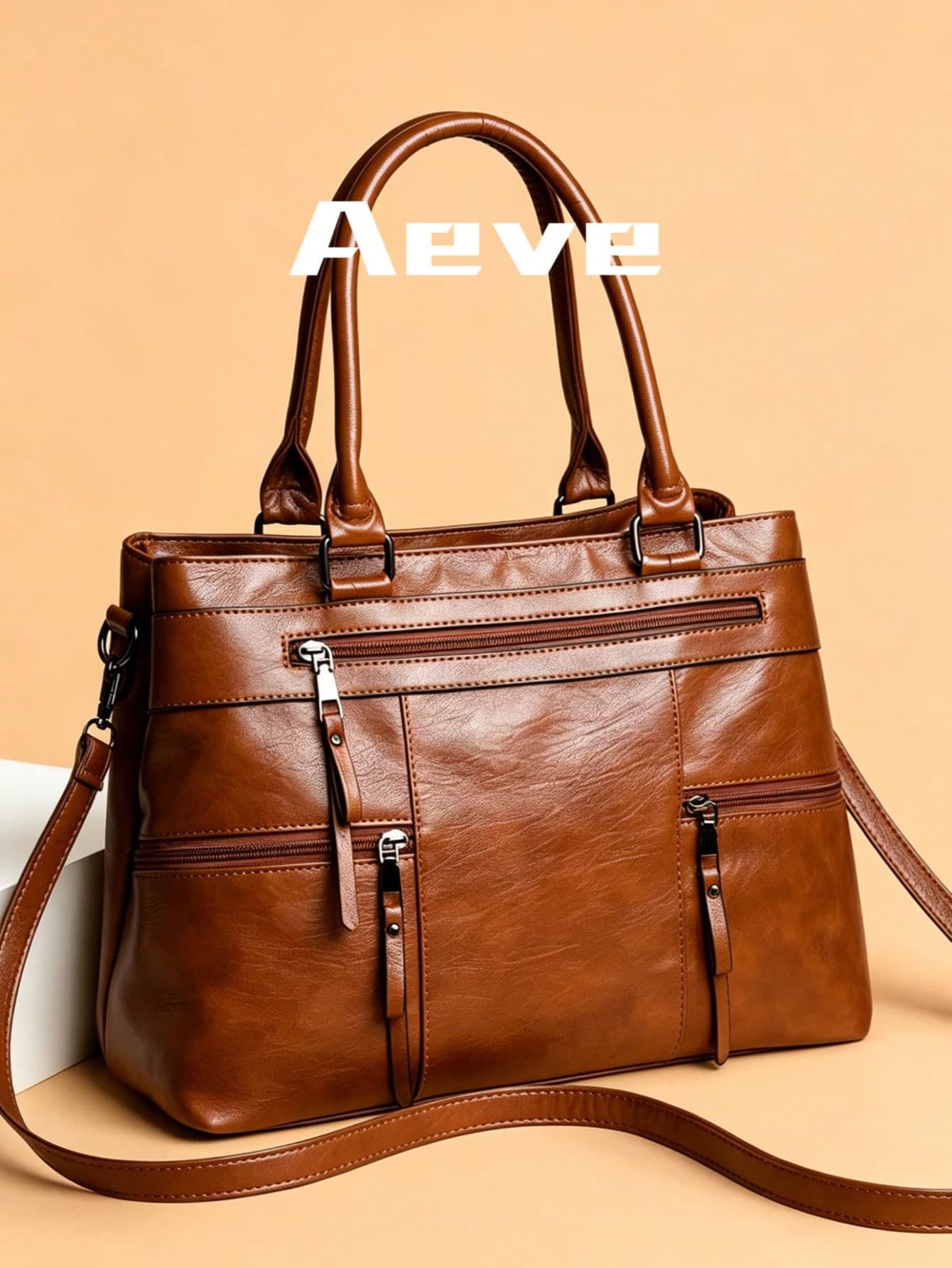 1pc Women's Solid Retro Brown Tote Bag, Large Capacity Multi-Zipper Pockets Handbag