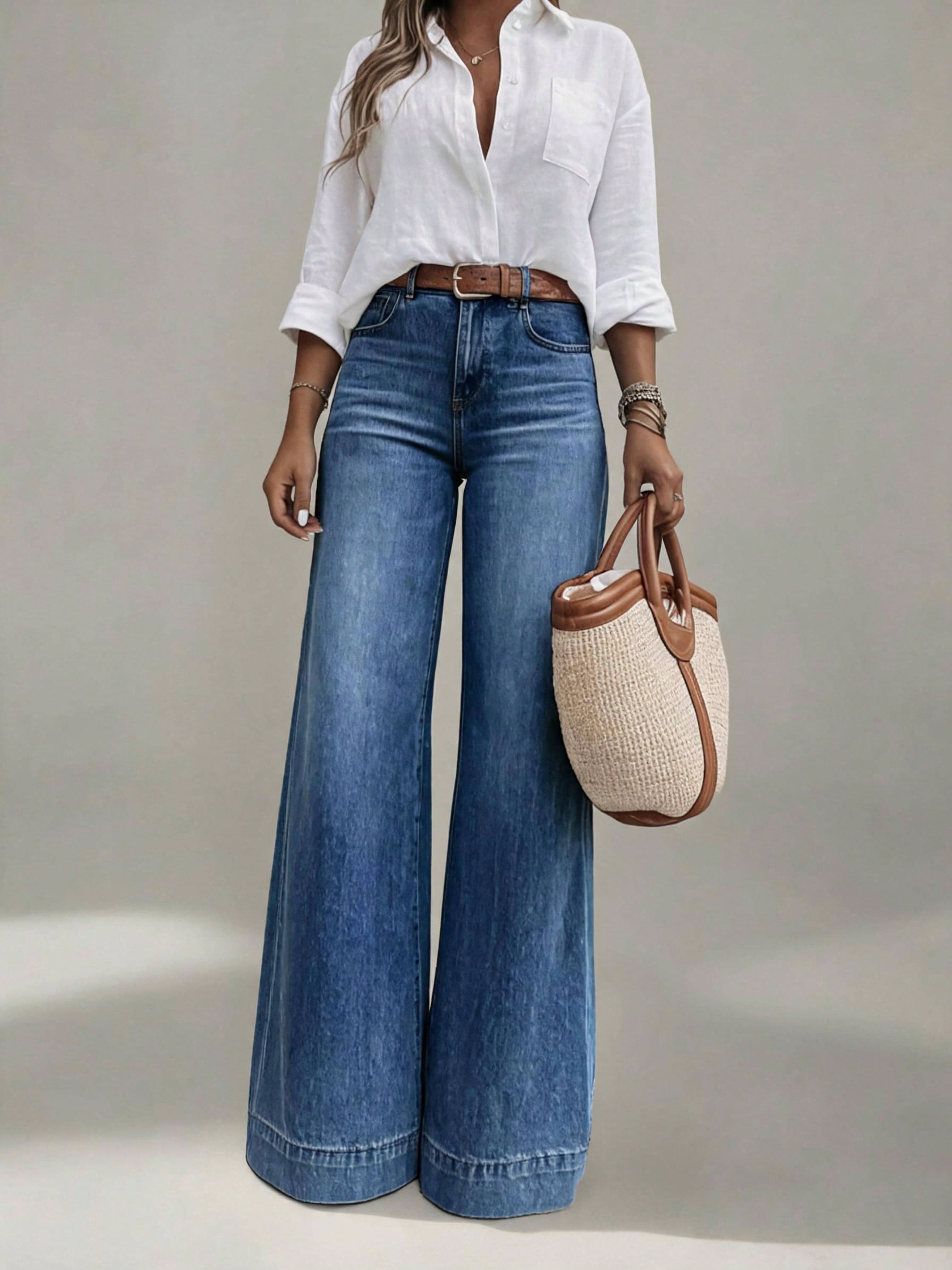 Soulscape PETITE Women's High-Waisted Wide-Leg Jeans, Denim Fabric, Washed Stretch Jeans, Elegant Long Style, Street Fashion, ≥70% Cotton Casual