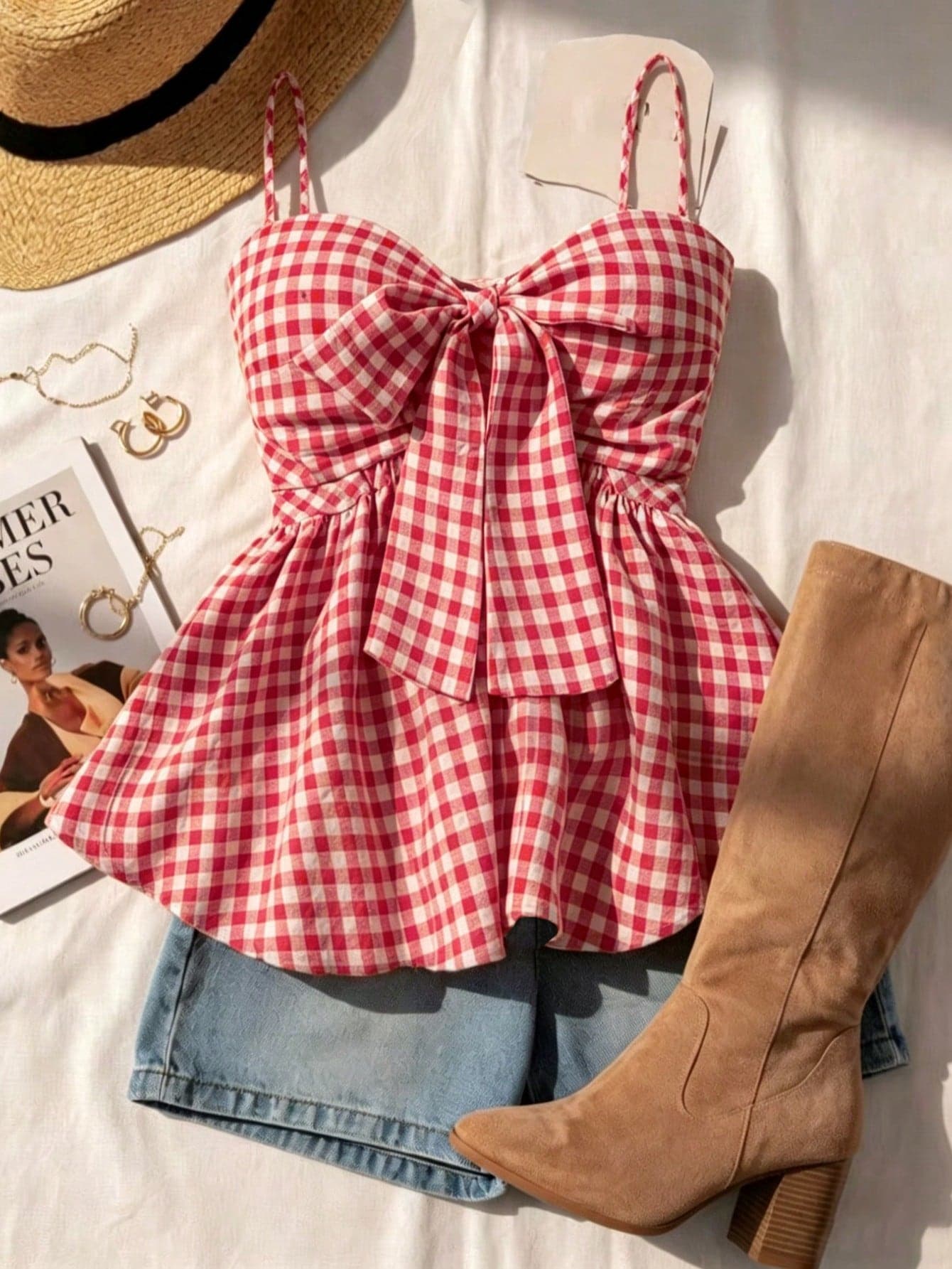 Women's Summer Camisole, Women's Plaid Camisole Top For Vacation, Graduation, Wedding, Back To School, Vintage Style Camisole, Cute Casual Summer Day, Romantic Country Style, Loose Comfortable Hem Camisole Red