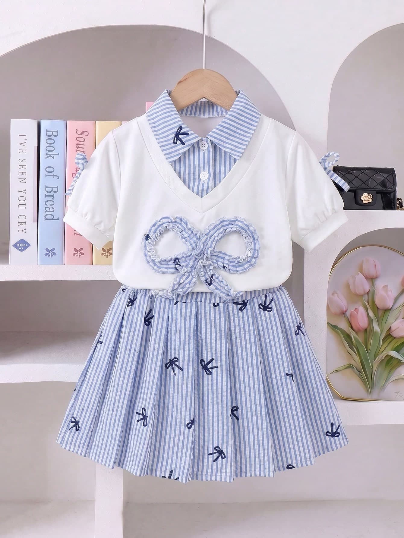 Young Girls' Fashion Bow Collar 2 In 1 Top And Striped Pleated Skirt Set