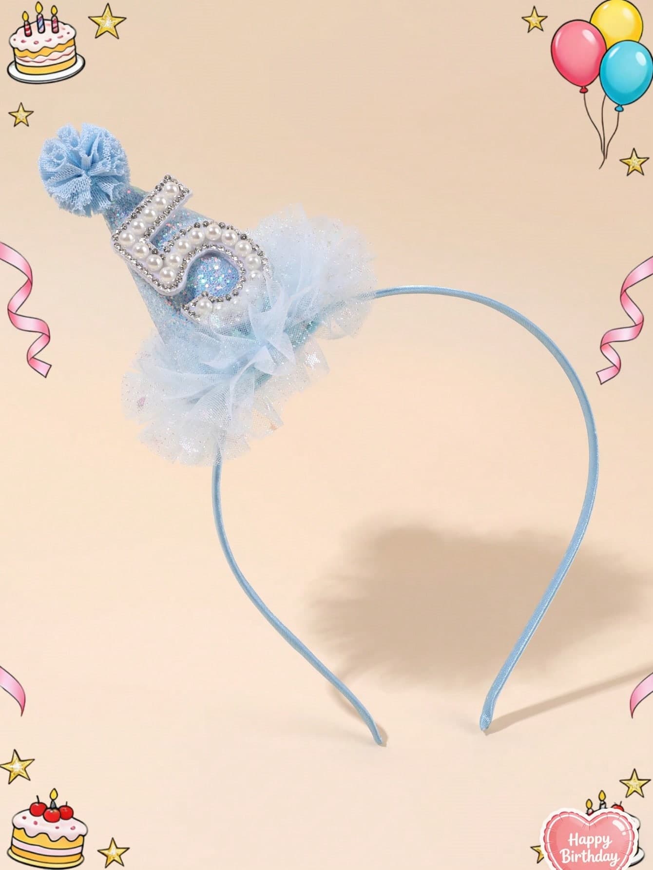 1pc Blue Tulle Happy Birthday Headband, Party Hat Accessory Hair Hoop, Girls Teens Fashion Hair Accessory Holiday Essential Party Gift