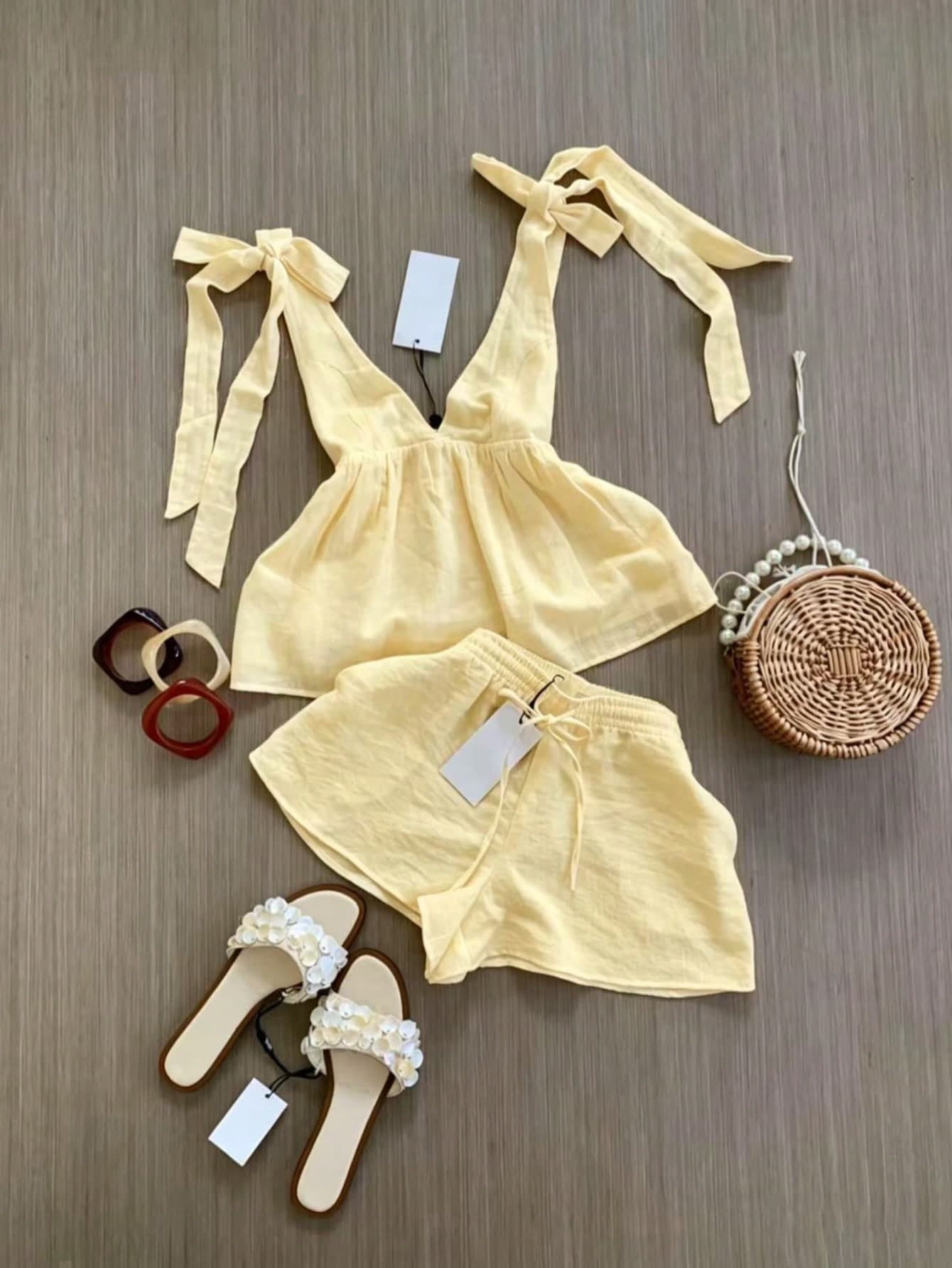 Women's Suit Set, Sleeveless Top With Elegant Tie Design And Shorts. And Elegant Commuter Outfit, Camisole And Shorts Set. Summer, Work To Weekend