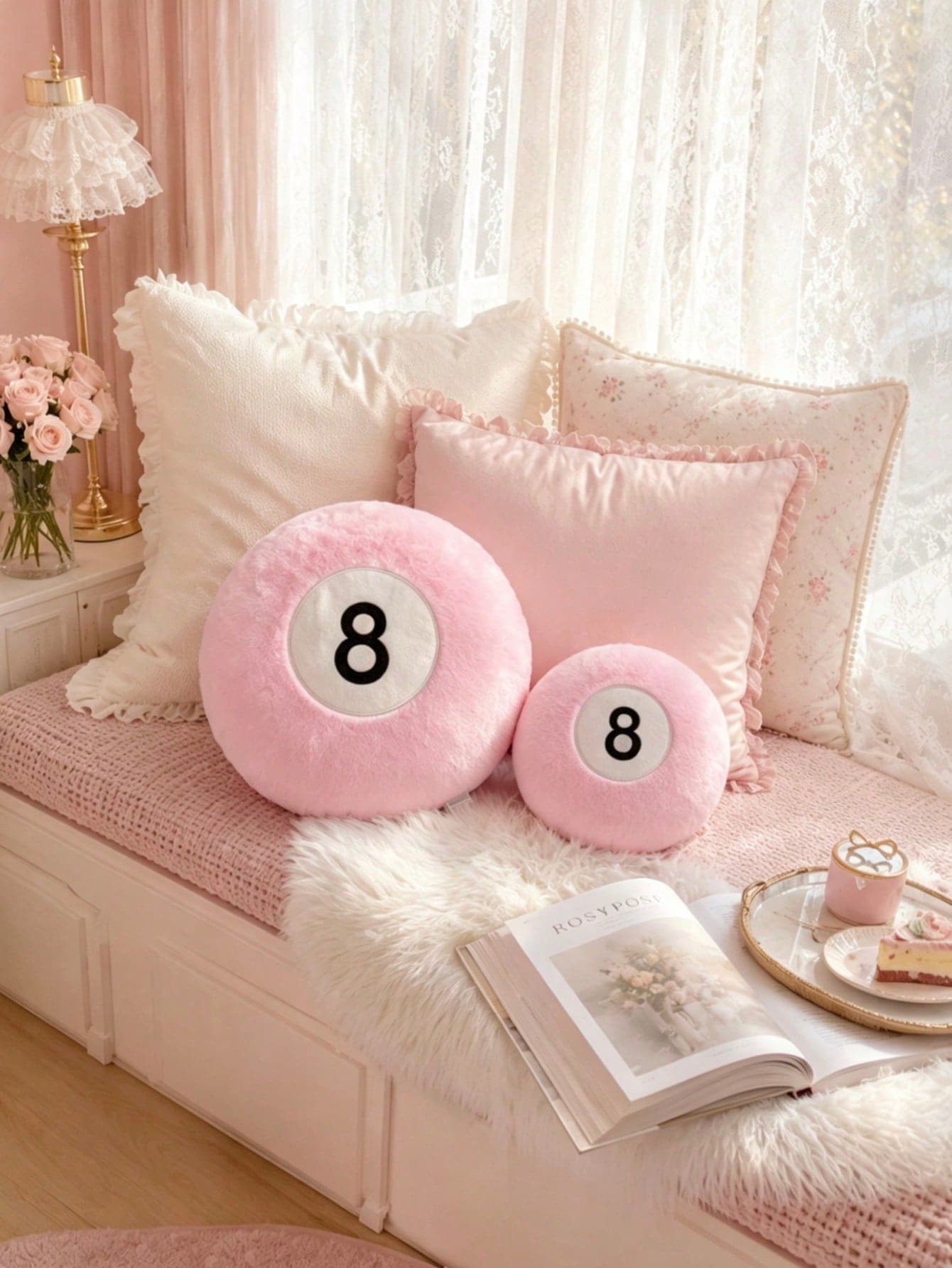 Pink Billiard Plush Throw Pillow, Round Soft Long Fur Table Tennis Number 8 Decorative Cushion, Skin-Friendly Plush Sofa Pillow, Suitable For Sofa Bedroom Home Decor, Creative Billiard Theme Gift, Billiard Enthusiast Gift, Home Decor & Gift Idea