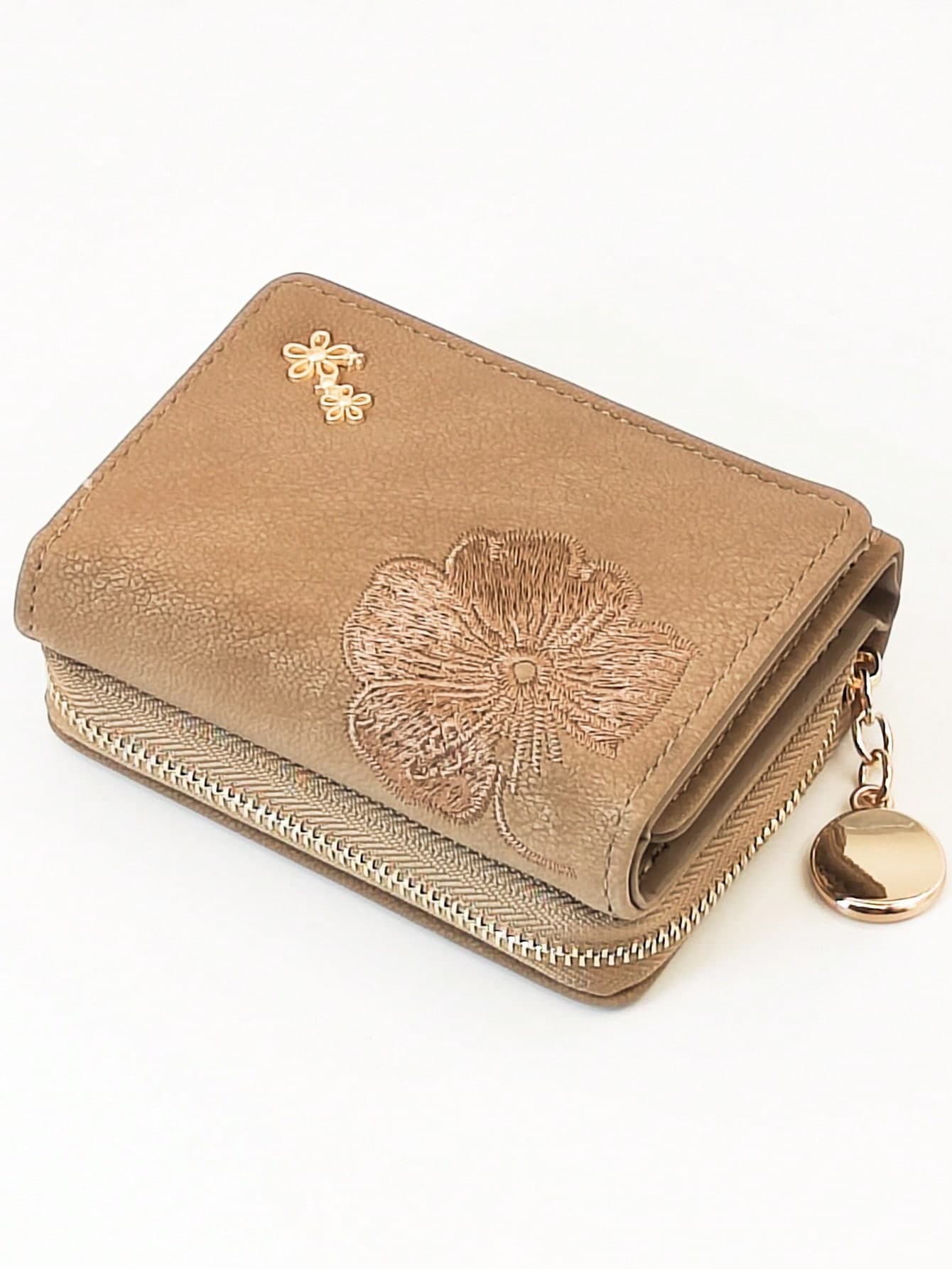 2026 New Upgraded Embroidered Clip-On Short Foldable PU Wallet, Sweet Cute Fashionable Youthful Zipper Large Capacity Card Holder Organizer Women's Small Wallet