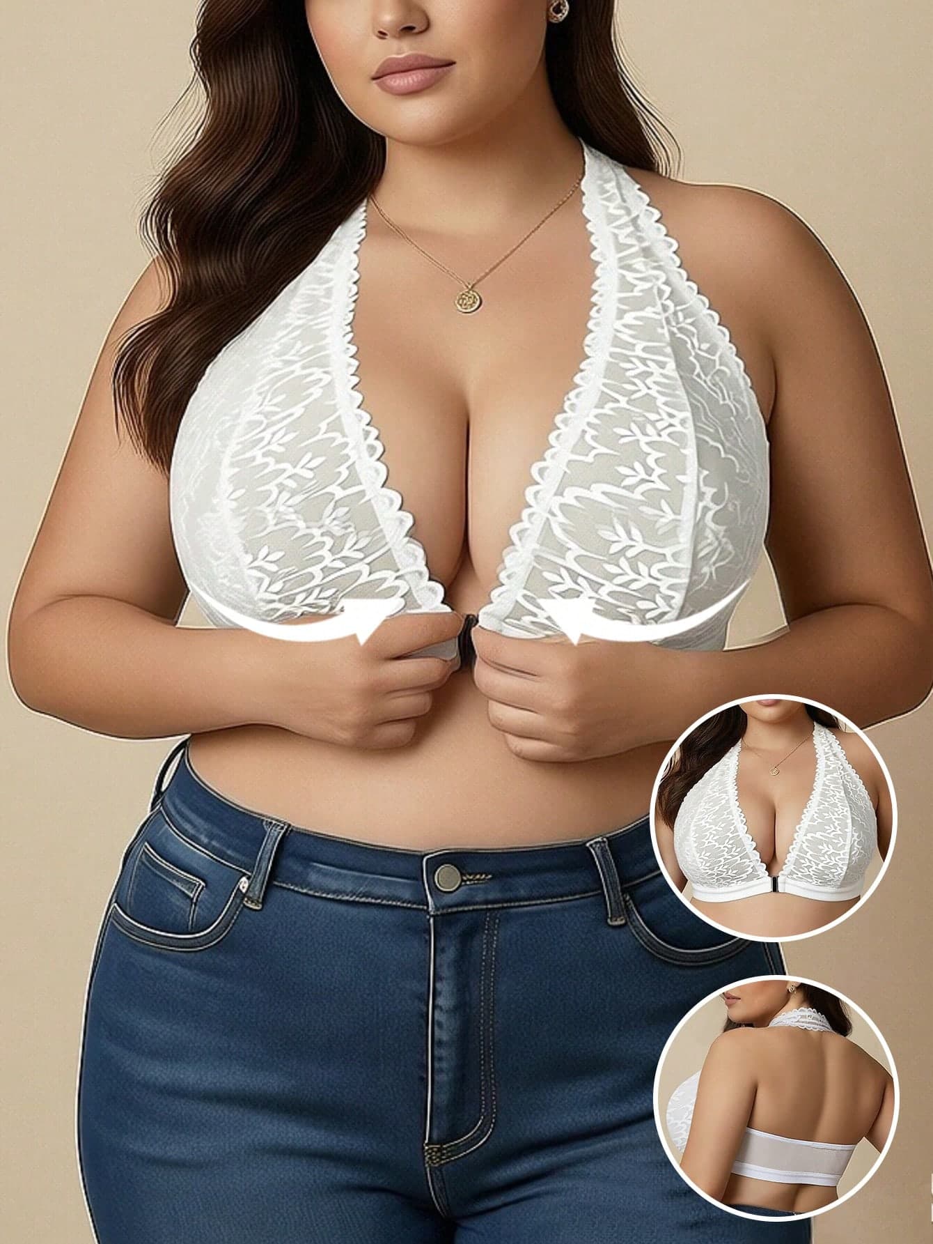 Plus Size Women's Front Closure White Lingerie, French Sexy Lace Deep V Halter Comfortable Wireless Bra, Easy To Wear, Thin Style