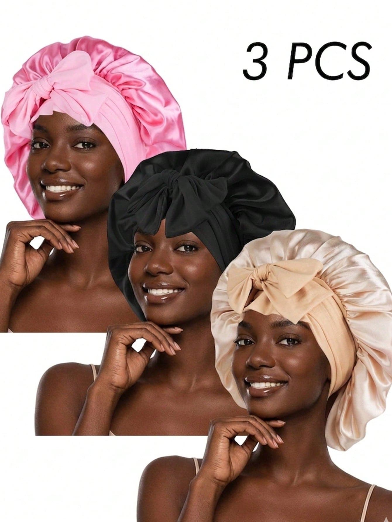 3pcs Solid Color Satin Hair Cap, Hair Care Cap, Black, Night Care & Daytime Home Comfort, Beauty Sleep Cap, Suitable For Curly And Natural Hair