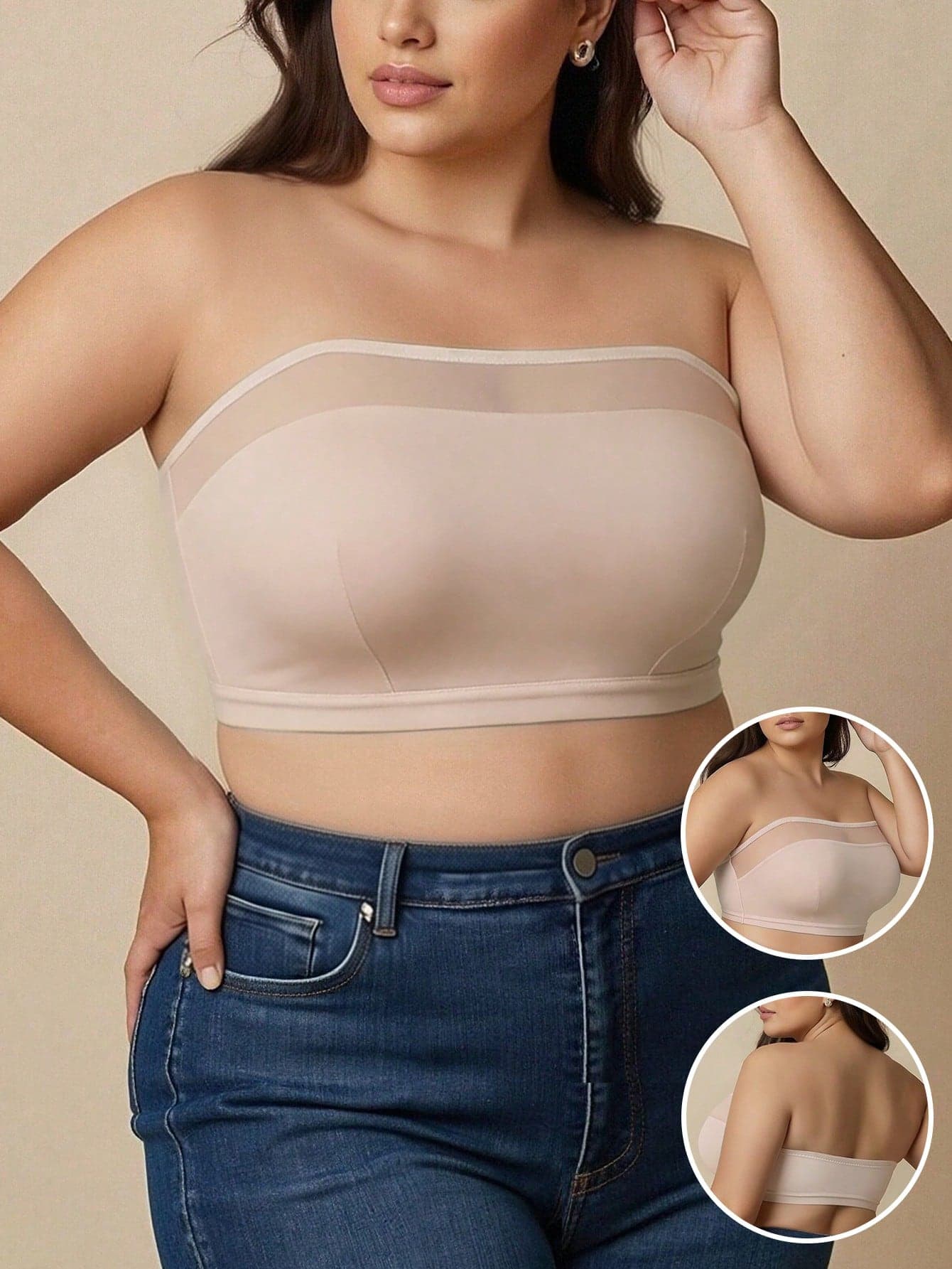Summer Mesh Seamless Plus Size Nude Strapless Bra, Curve Enhancing Women's Vacation Tight Wireless Bra, Bandeau Style Jumpsuit