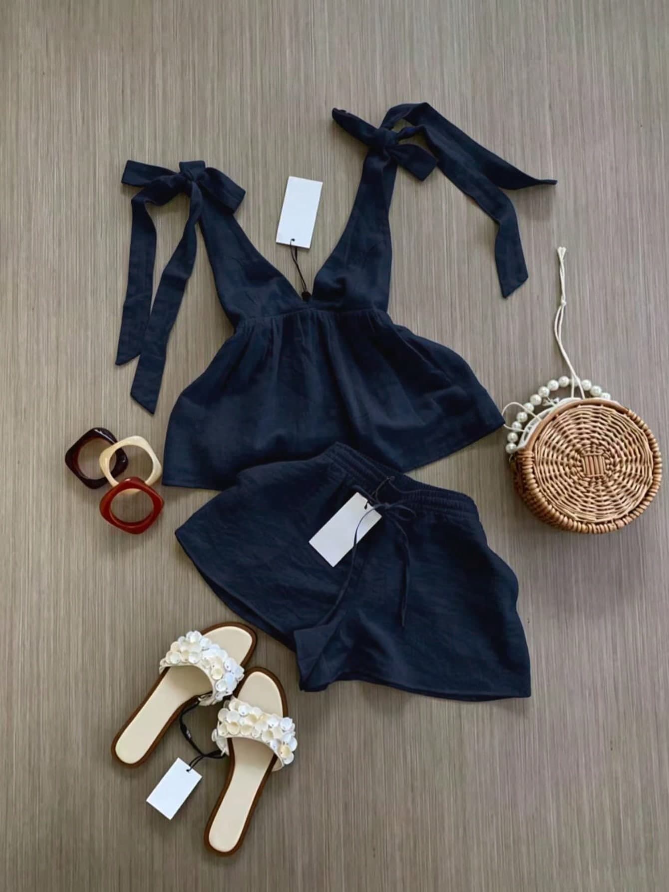 Spring/Summer Women's Fashion Set, Sleeveless Top With Elegant Tie Design, Strappy Shorts Vacation Set, Daily Casual Wear