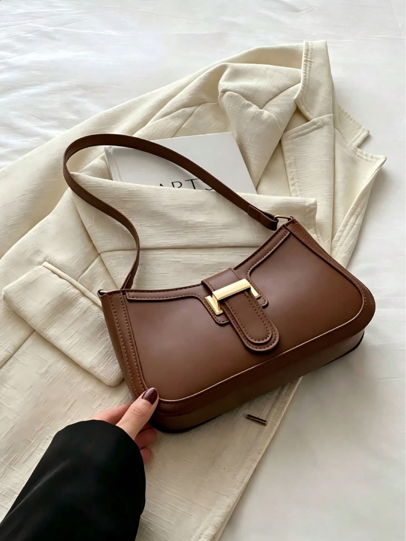 1pc Women's Textured PU Leather Baguette Shoulder Bag, Minimalist Niche Shoulder Bag, Versatile Daily Commute Handbag, Women's Shoulder Bag