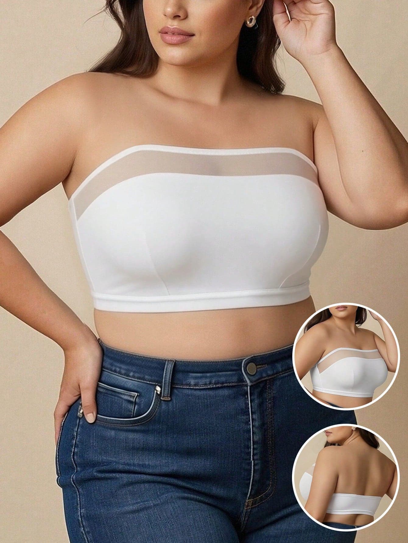 Plus Size Women's Comfortable Strapless Wireless Mesh Bra, Curve Design Seamless Vacation Bra, One-Piece Camisole Underwear