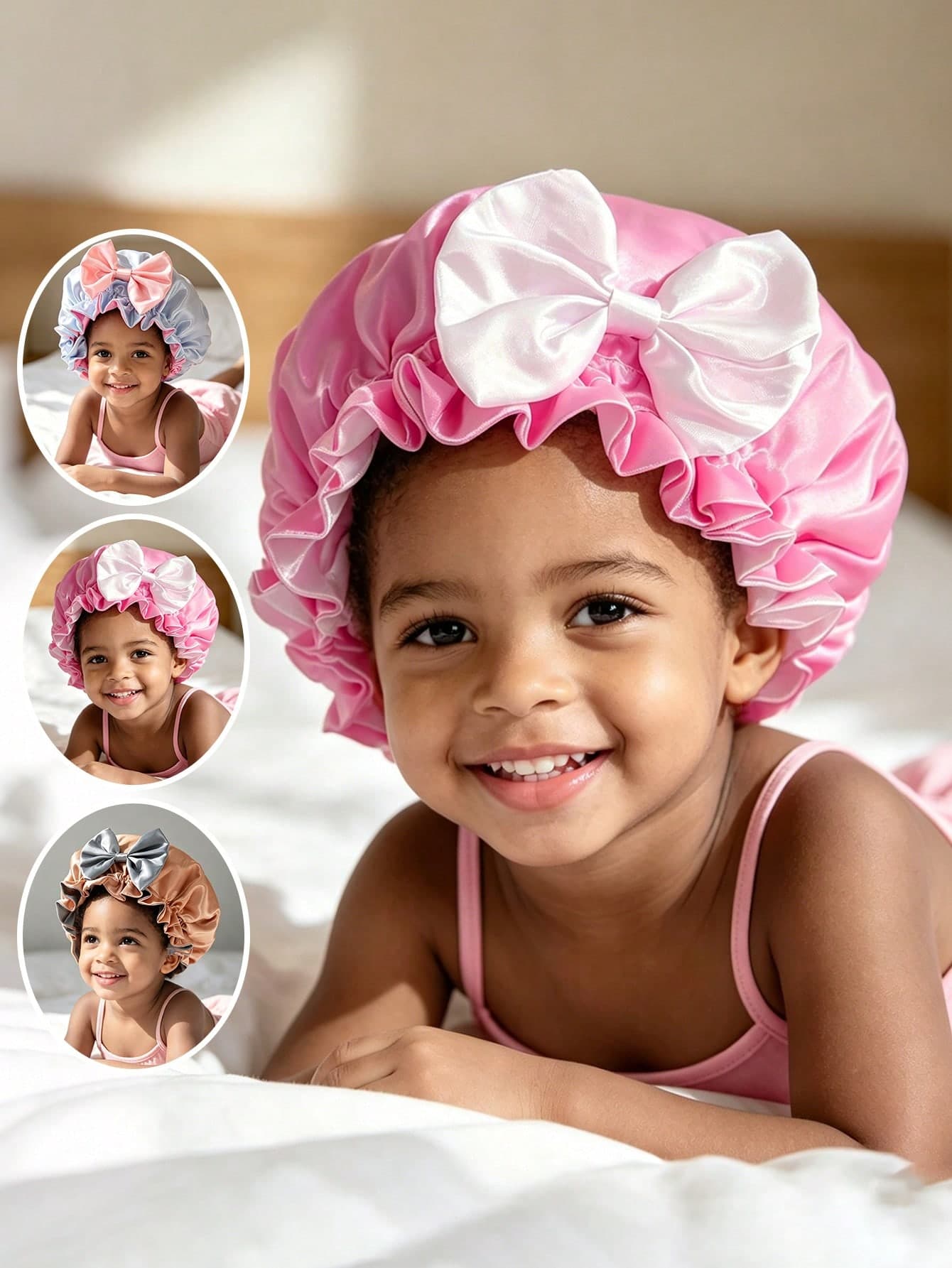 1Pc Toddler Girls Big Bow Satin Hair Bonnet, Elastic Night Sleep Cap For Curly Hair Care Daily Bedroom Use