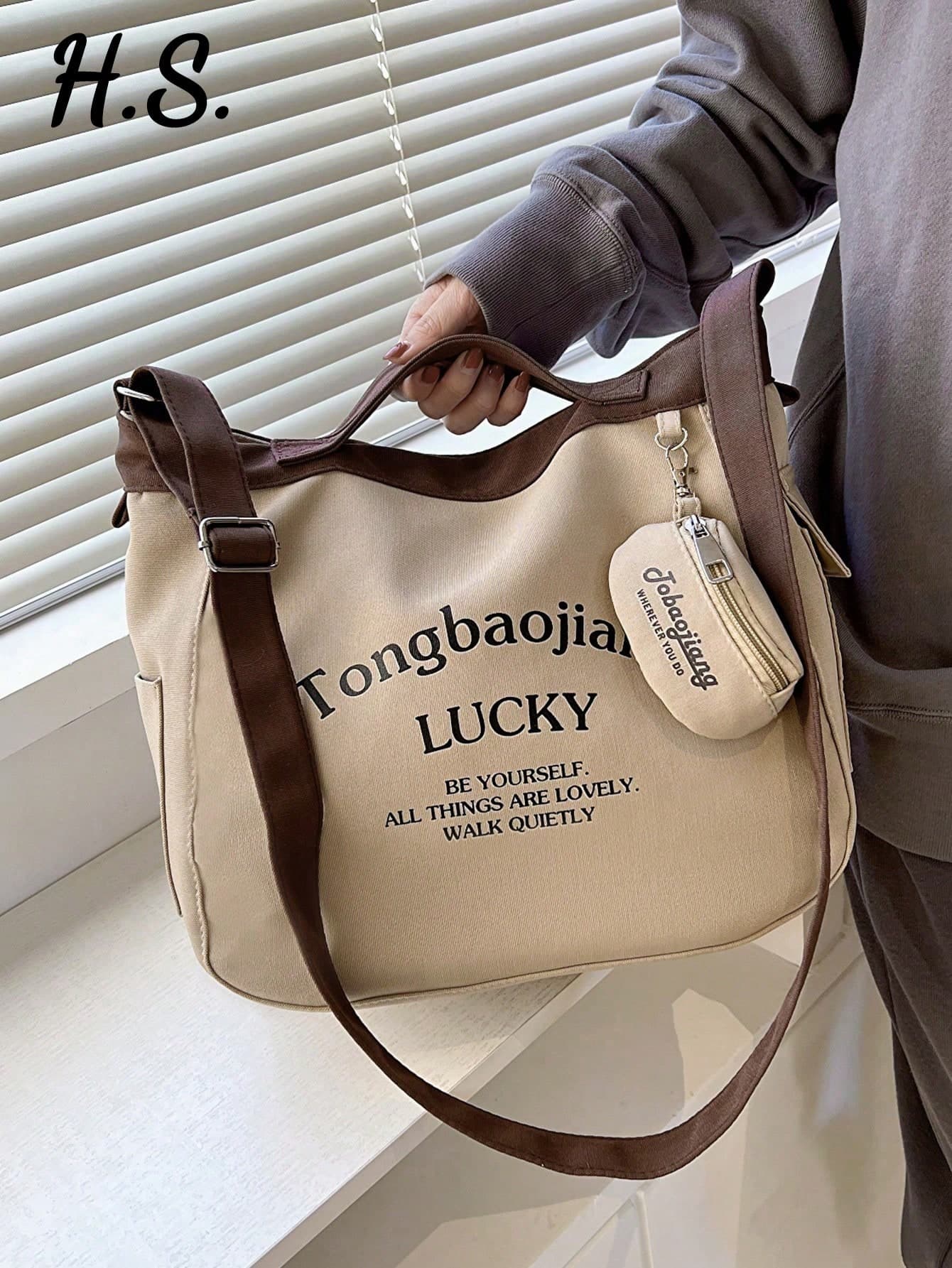 2pcs/Set Fashion Minimalist Large Capacity Women's Tote Bag With Coin Purse, Casual Versatile Letter Colorblock Crossbody Bag, Suitable For Daily Use, College Style Student Learning, Work Commute, Shopping, Short Trips, Fabric Bag