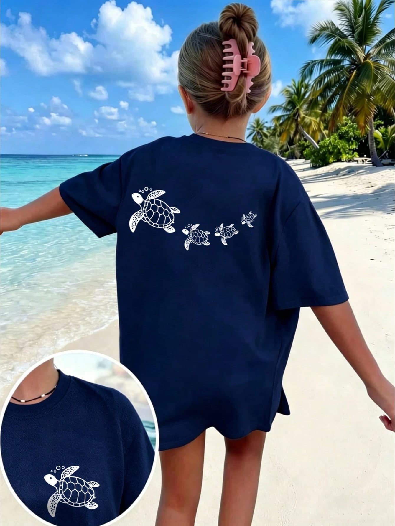 Tween Girl Soft & Comfortable Sea Turtle Print T-Shirt, Suitable For Daily Wear And Vacation In Summer