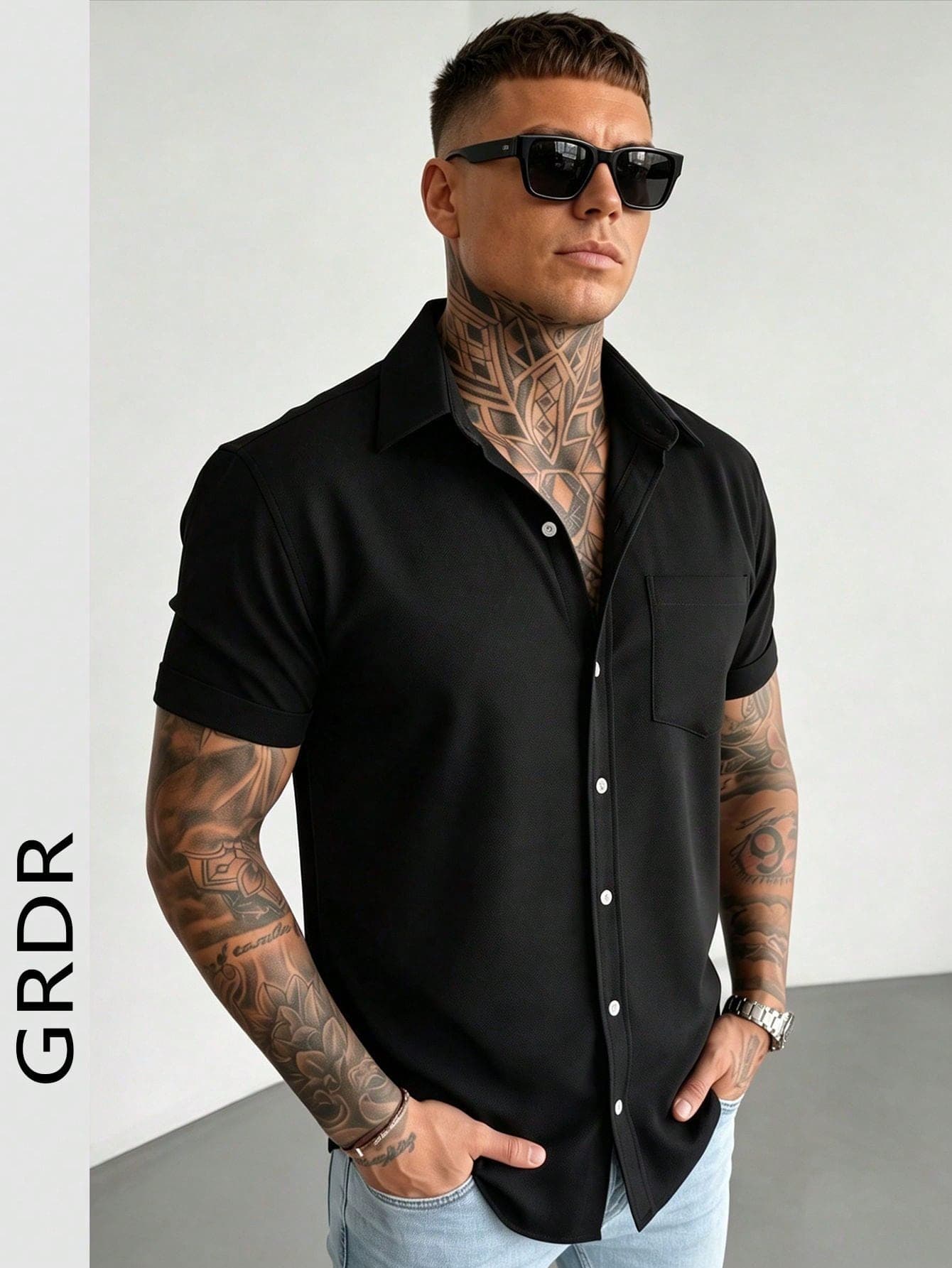 GRDR Men's Fashionable Solid Color Short Sleeve Shirt | Exquisite Design | Summer Essential | Easy To Match | Showcase Your Style