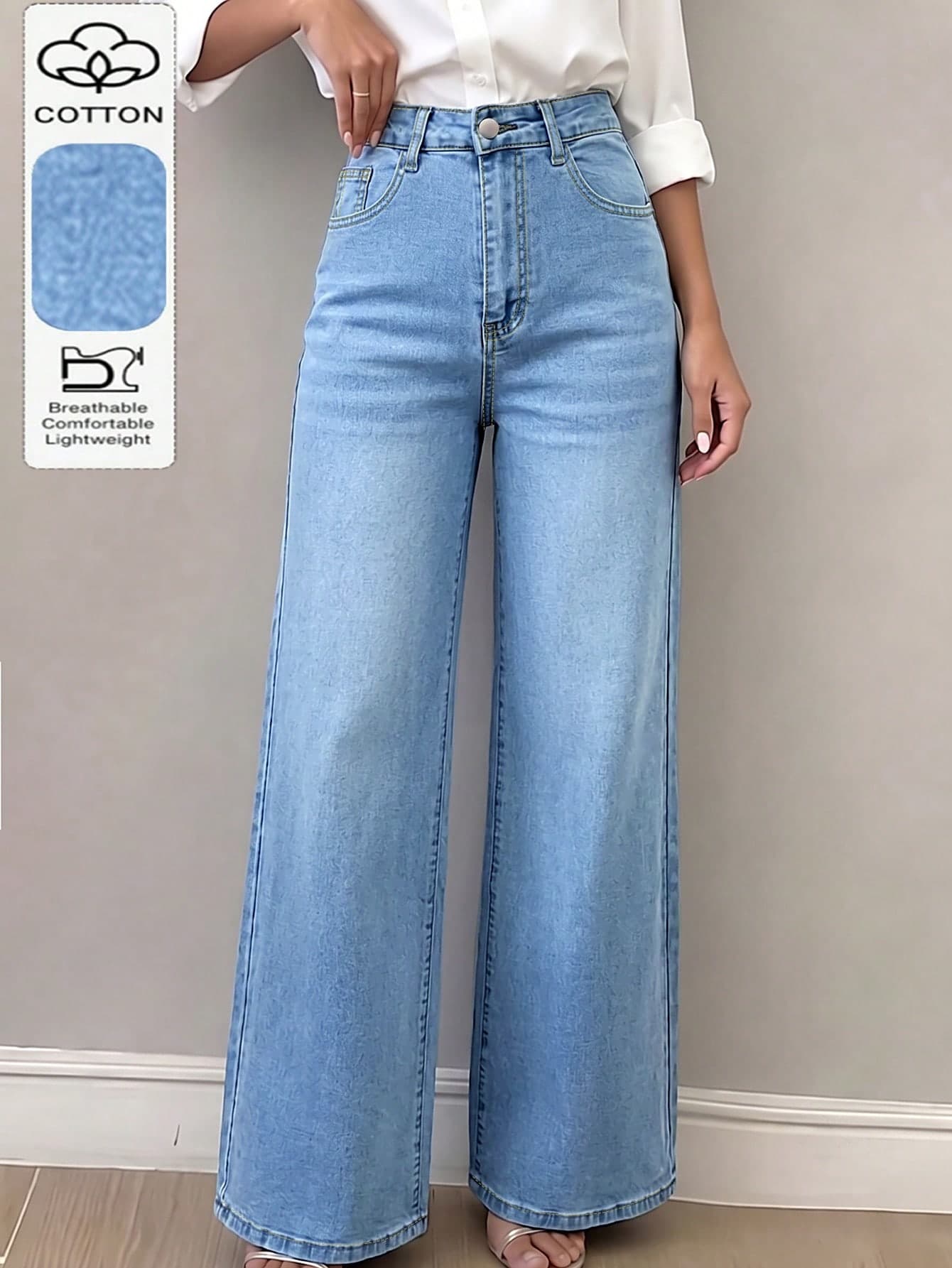Women's High-Waist High-Street Style Wide-Leg Denim Jeans, All-Season New Casual Versatile Draped Floor-Length Pants