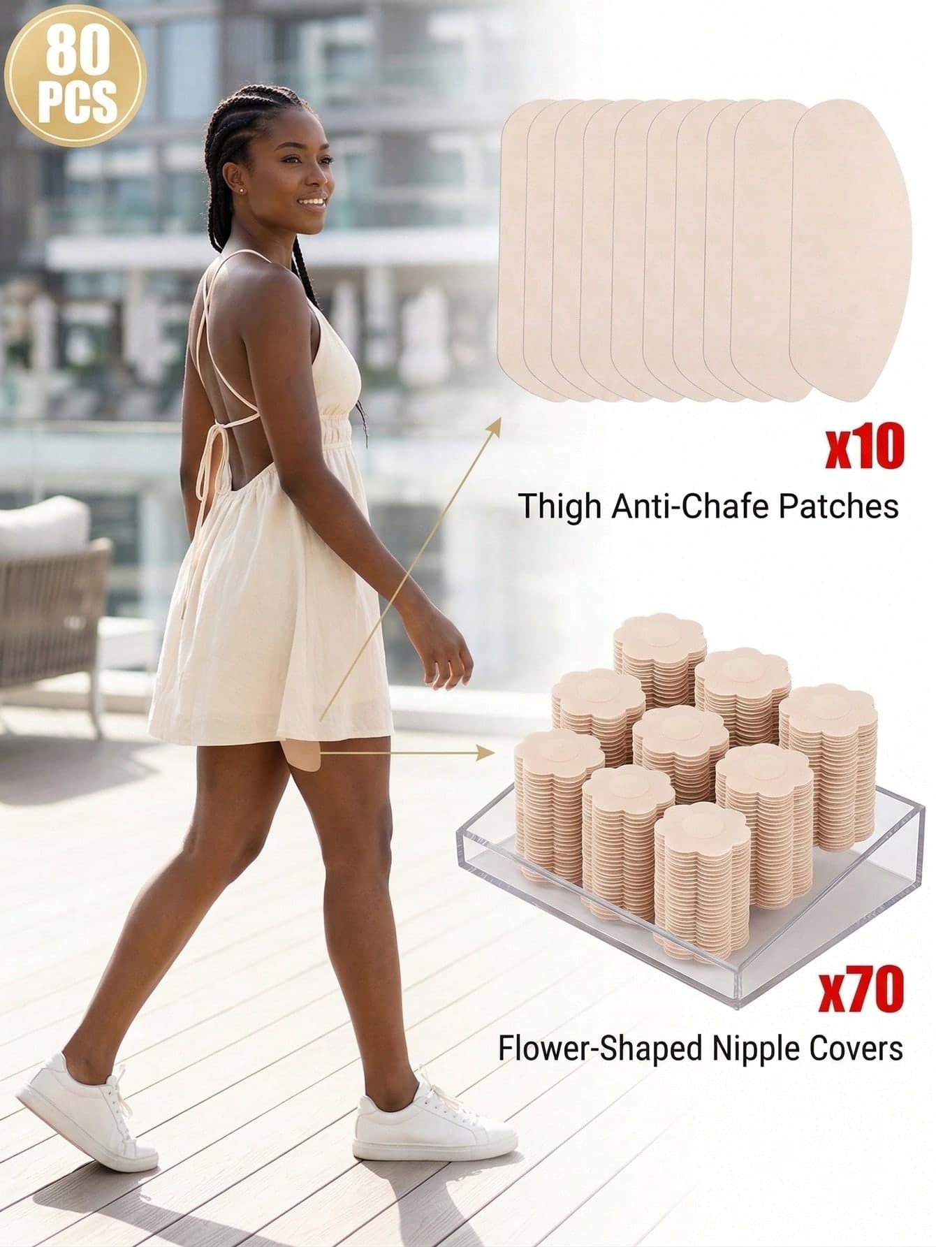 Women's Daily Comfortable Summer Combo Pack, 80pcs, Anti-Chafing Thigh Pads And Disposable Invisible Nipple Covers, Soft Breathable Non-Irritating, Smooth Wearing Experience, Suitable For Plus Size And All Body Types, Perfect Gift For Halloween And Christmas