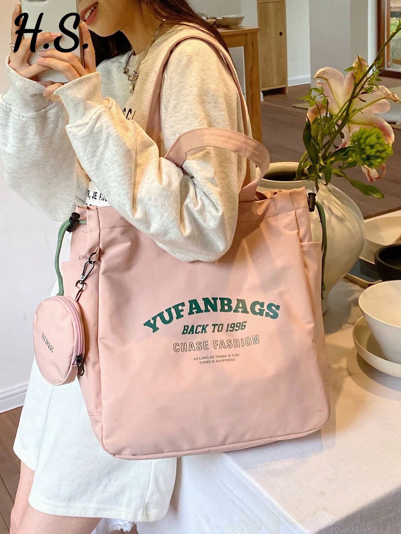 Korean & Japanese Style Drawstring Canvas Tote Bag With Coin Purse, 2pcs Set, Fashion Minimalist Large Capacity Shoulder Bag, Casual Versatile Letter Print Handbag, Suitable For Daily Use, School, College, Short Trip