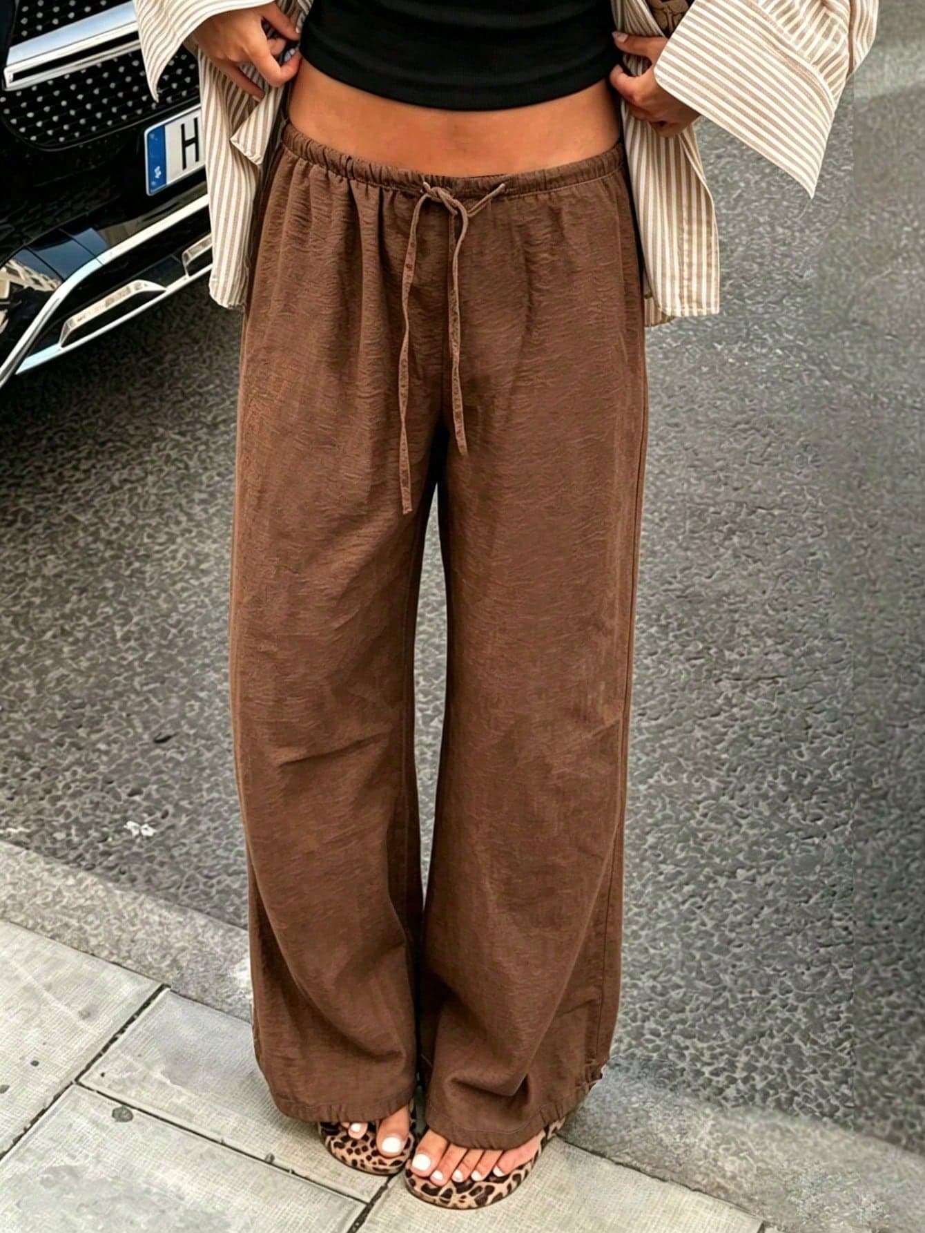 Women's Loose Drawstring Waist Wide Leg Pants, Lightweight Breathable Casual Trousers, Military Green, Summer