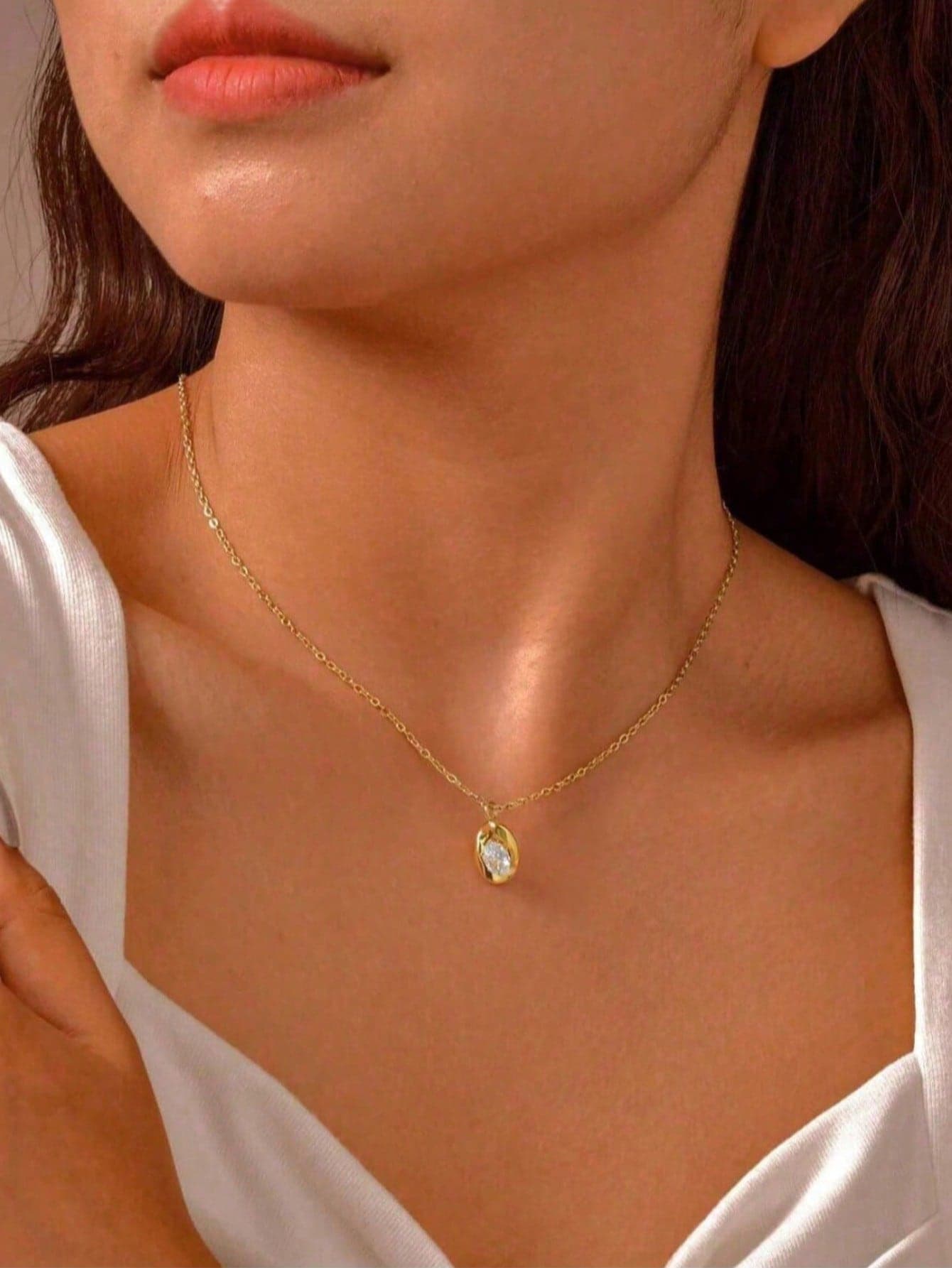 18K Gold Plated 1pc Stainless Steel Gold Bamboo Claw 6 Prong Diamond Necklace, Suitable For Women's Daily Wear, Holiday Gift