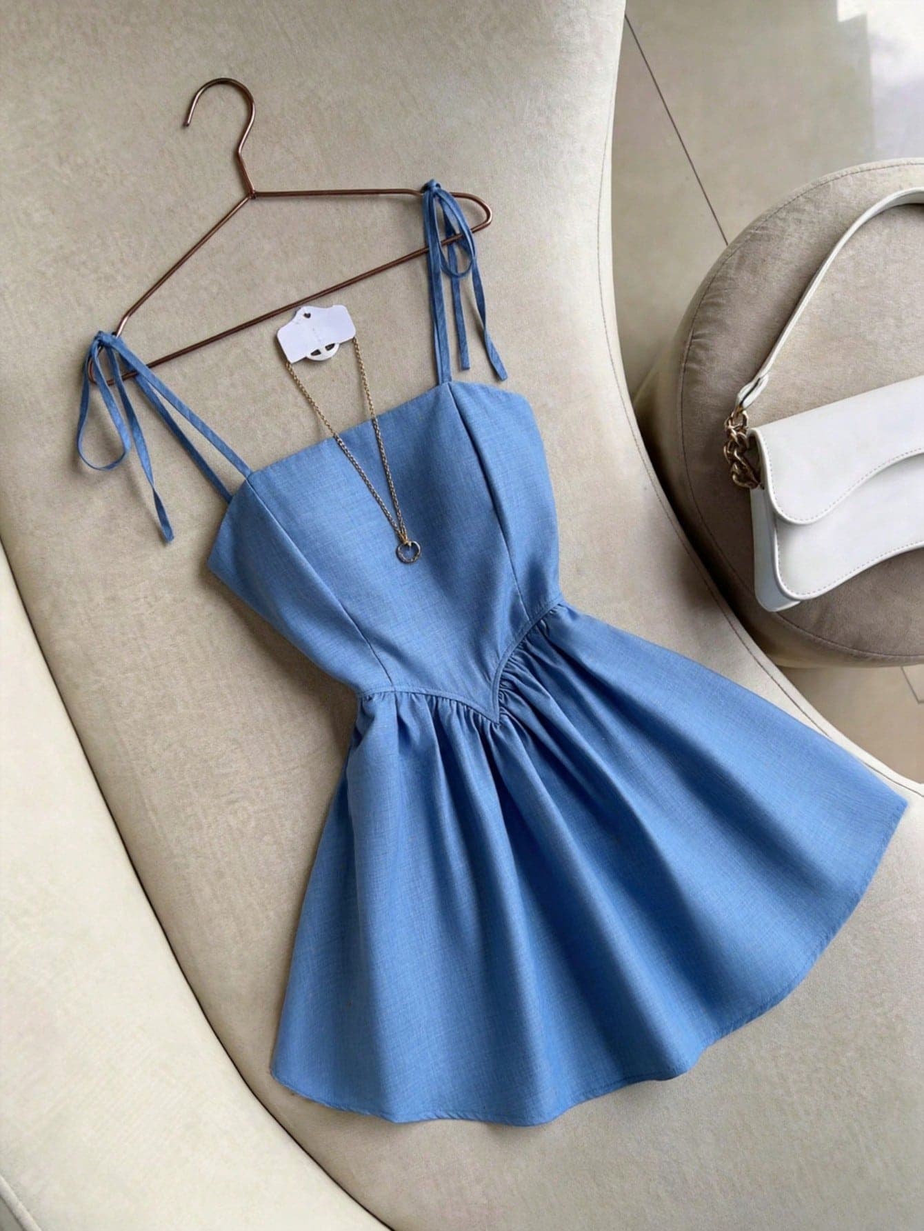 Denim Blue Square Neck Lace-Up Strap Dress, Shirred Back Design, Versatile For Vacation And Dating Elegant