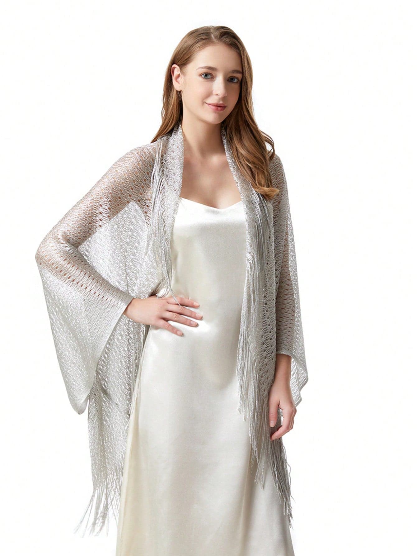 1pc All-Season Tassel Shawl, Premium Satin Evening Gown Party Bridal Bridesmaid Dress Shawl
