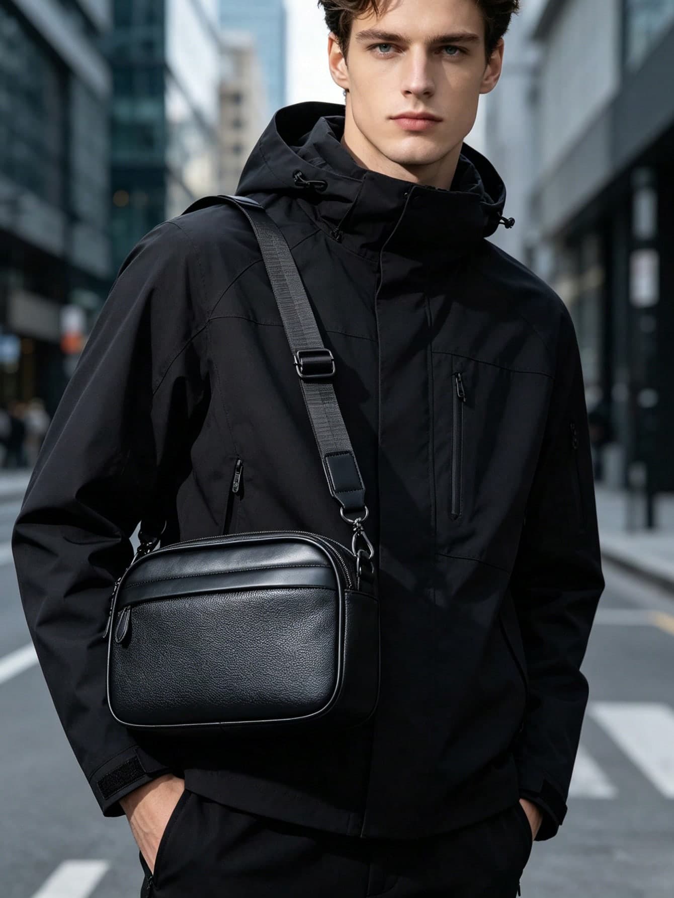 Korean Style Crossbody Bag, Shoulder Bag, Square Bag, Random Vintage Floral, Windmill Print, Geometric Pattern, Color-Block PU Leather, Water-Resistant, Multi-Functional, Casual, Versatile, Business, Office Worker, Student, Men, Sporty Casual, Messenger Bag, Boyfriend Gift