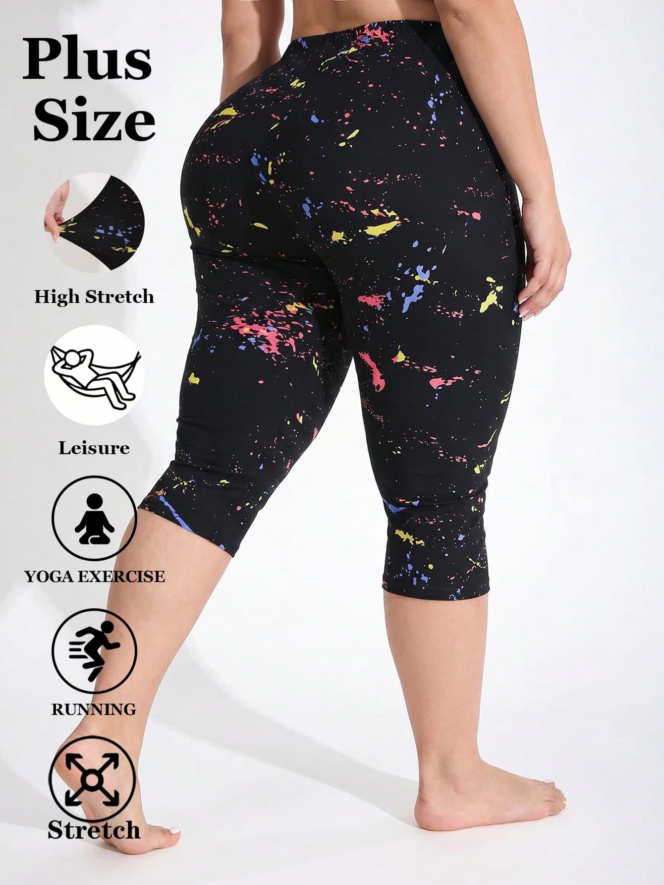 1 Pack Plus Size Women's Black Splatter Print High Elastic Yoga Leggings, Body Shaping Fitness Workout Sports Pants, Casual Vacation Walking Tight 7/8 Length Pants, Spring/Summer