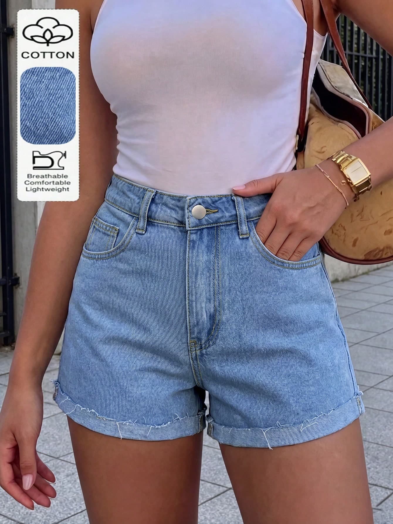 Women's Short Frayed Denim Shorts, Casual Washed Straight Leg, Non-Stretch Design, Button & Zipper Closure Summer