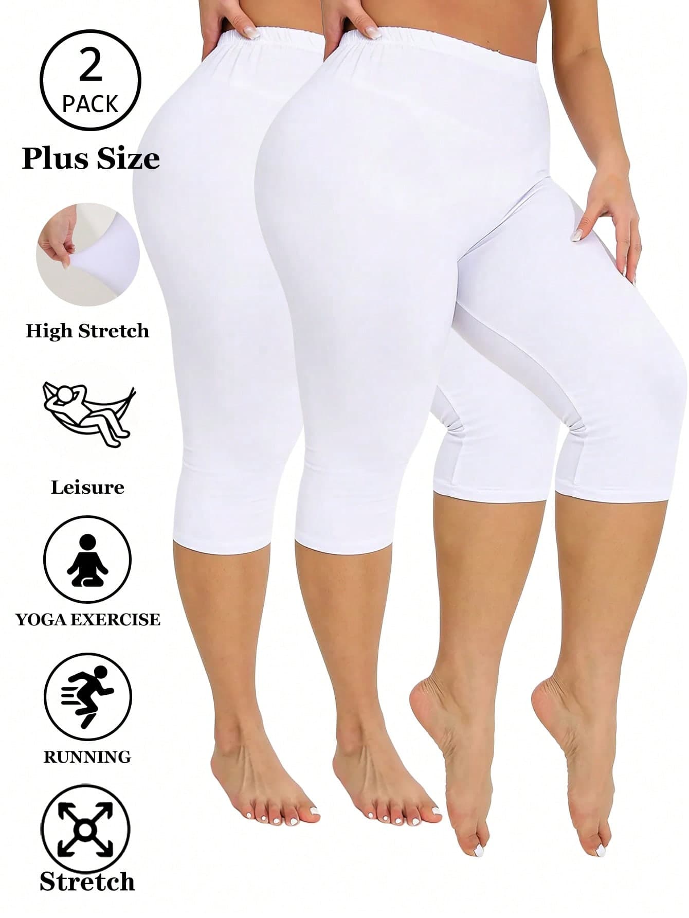 2-Pack Women's Plus Size Spring/Summer Minimalist Solid Color Leggings, Outdoor Camping Beach Running Exercise Slimming Versatile Casual Capris White
