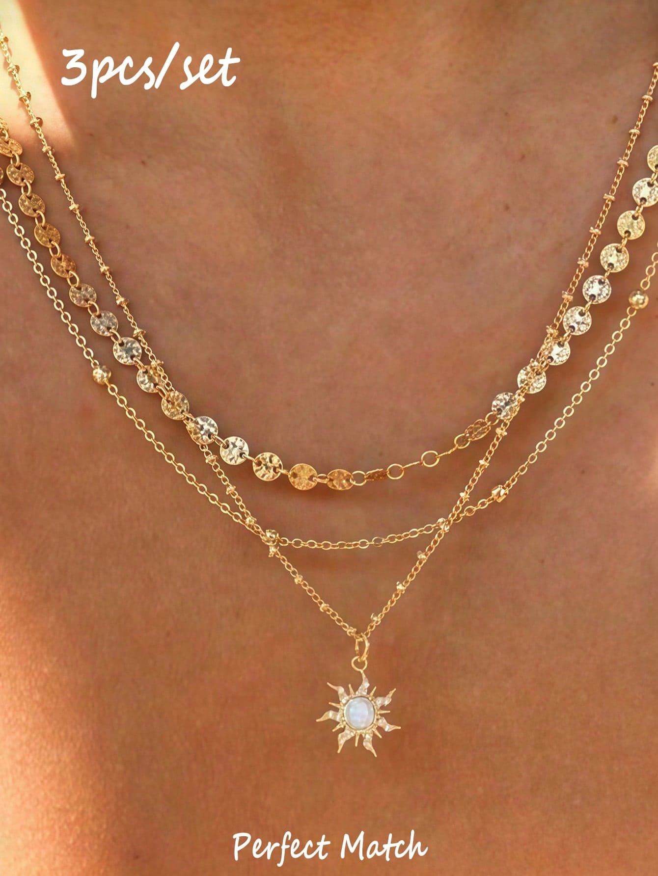 3pcs/Set Delicate Sun Pendant Necklace, With Disc & Beaded Chain, Multi-Layer Wearable Women's Daily Fashion Jewelry (Bead Quantity Random)