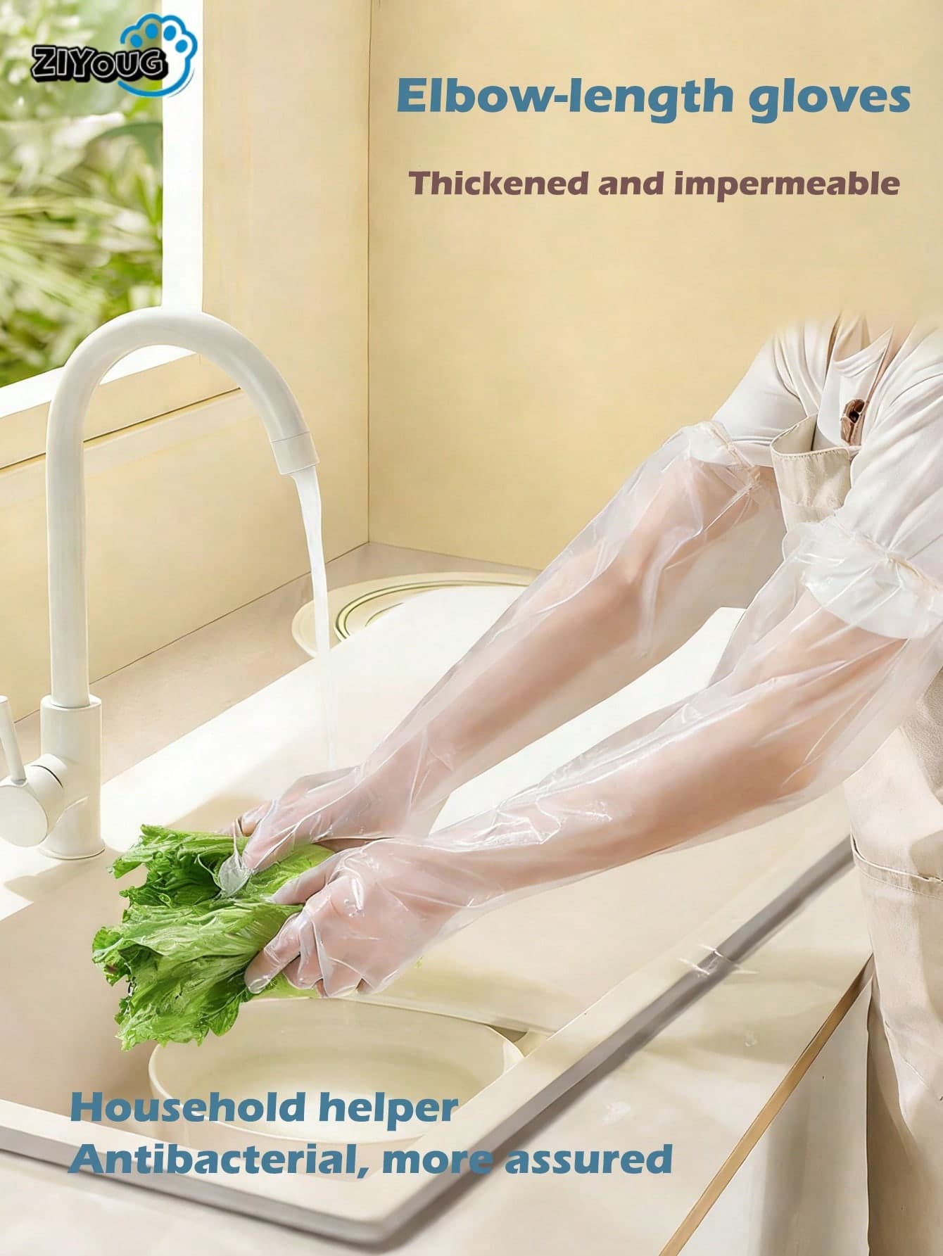 10pcs/20pcs/50pcs CPE Long Sleeve Household Gloves, Suitable For Kitchen Dishwashing, Vegetable Cleaning, Thickened & Extended, Elastic Cuff, Waterproof & Oil-Proof, Applicable For Kitchen, Bathroom, Home Use