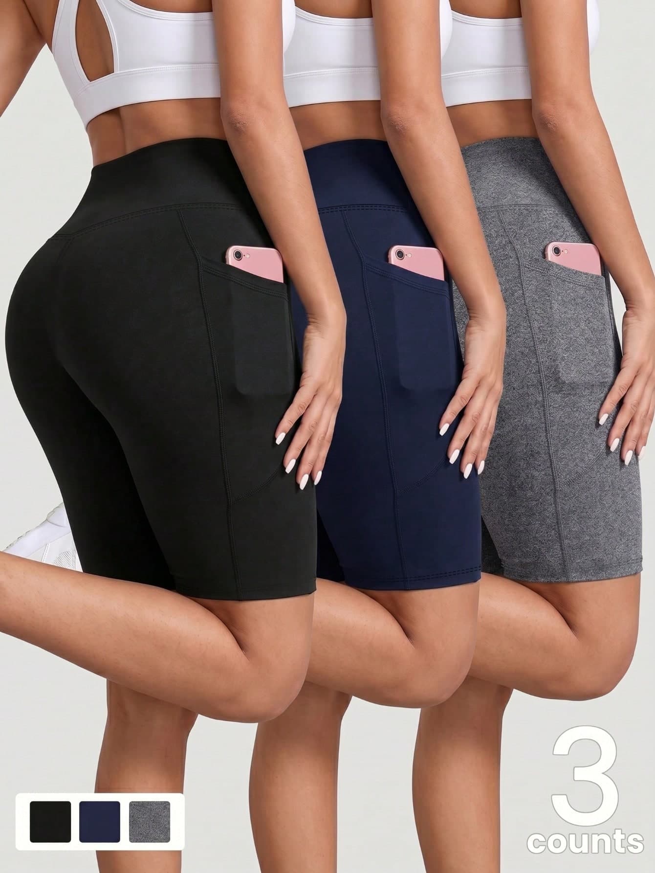 3pcs Black Grey Blue Spring Summer New Yoga Sports 4-Inch Shorts, Tummy Control Waist, Dual Side Pockets, No Embarrassing Line, Versatile Leggings, Cycling Pants, Thin Breathable Fabric, Free Fit Comfortable Elastic Simple Yoga Pants