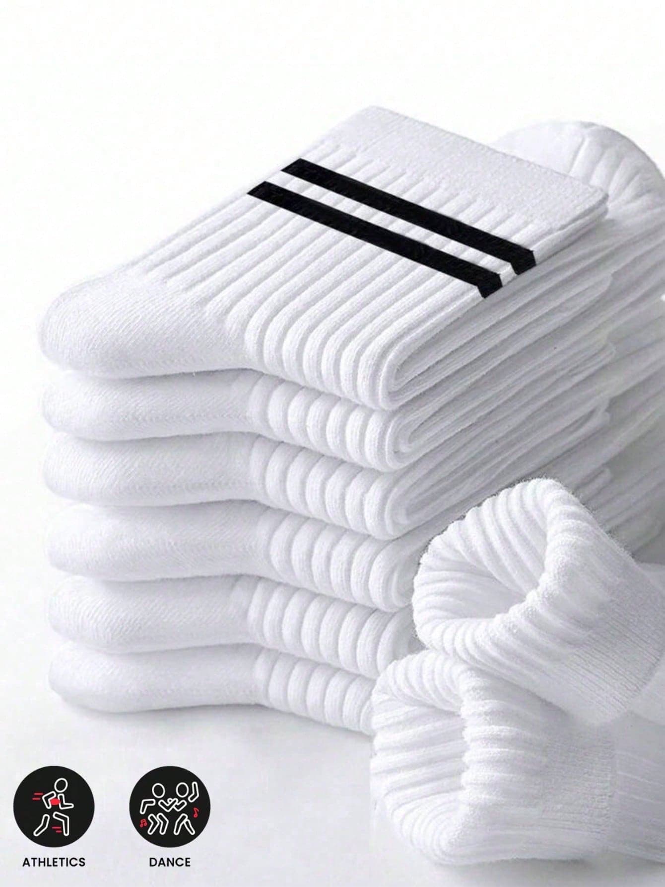 50pcs&25 Pairs Unisex Sports Fashion Black & White Thick Mid-Calf Socks, Comfortable Striped Business Casual Long Socks, Soft Lightweight Odor-Resistant Sports Socks, Comfortable For Sports, Warm For Autumn/Winter, Mother's Day Gift (50/40/32/24/20/12/10/8/6/4/2pcs)