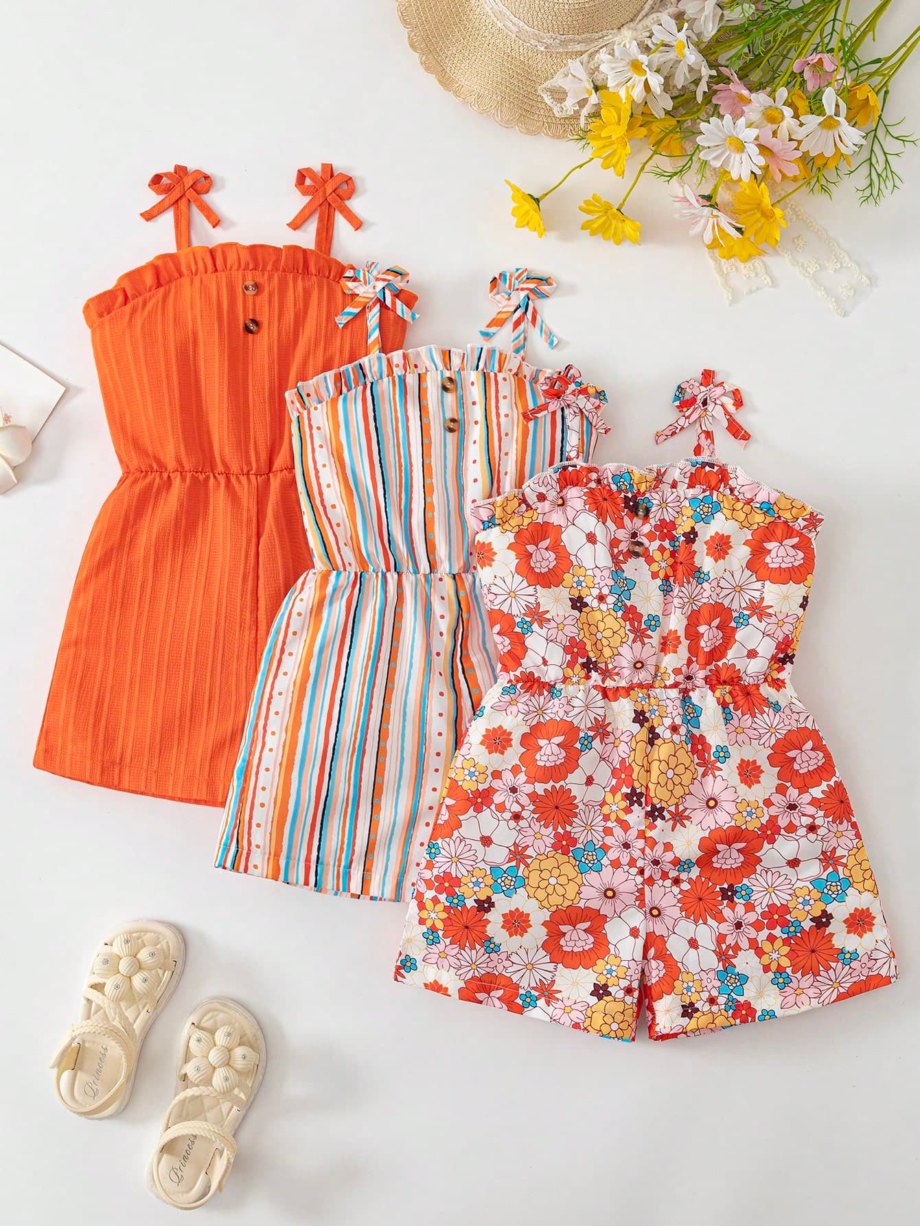 3pcs/Set Girls' Jumpsuits With Different Styles, All Featuring Spaghetti Strap Design, Bow Decor, Elastic Waist, Loose Shorts Bottom, Suitable For Casual Outings And Active Occasions, Comfortable And Fashionable