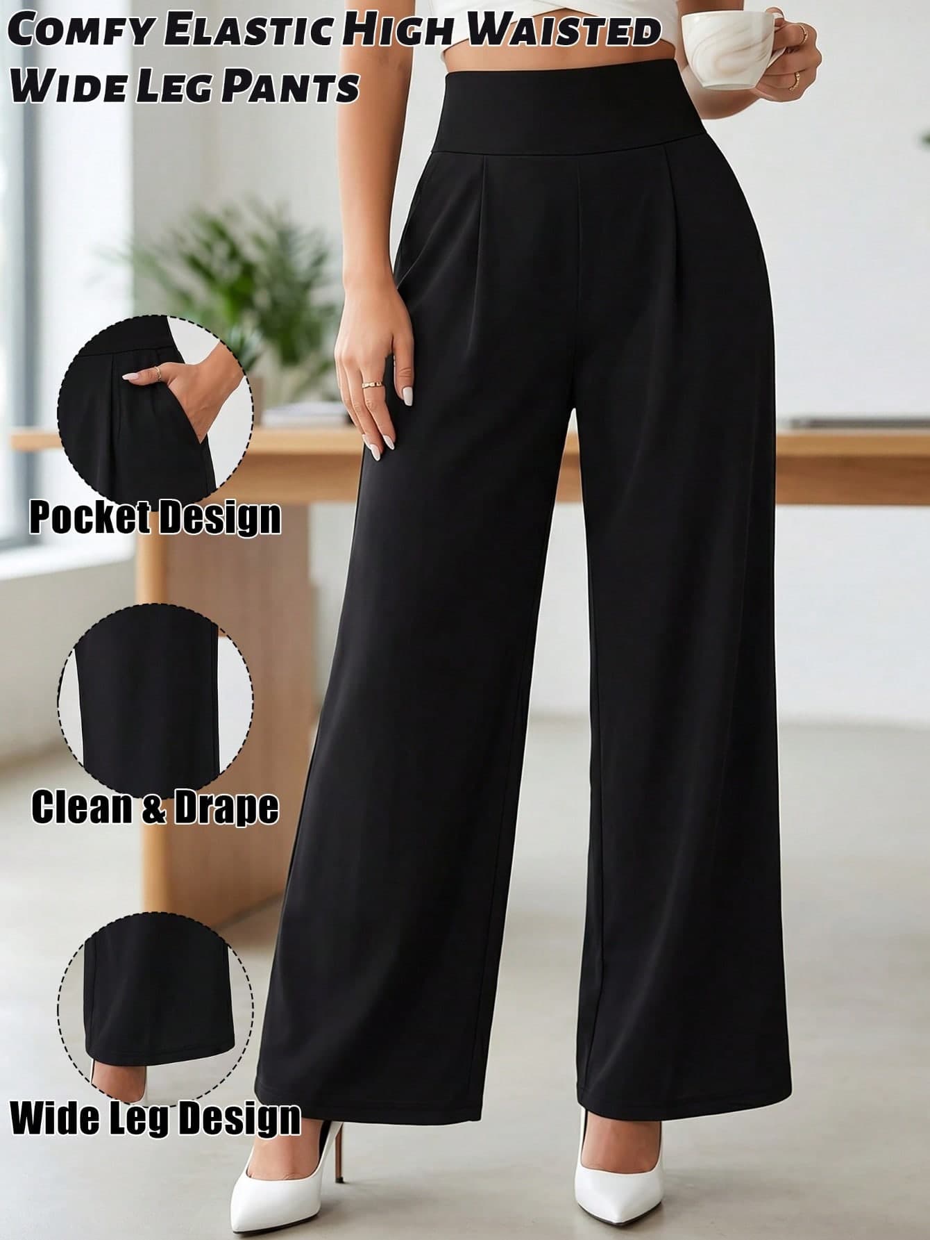 1pc Women's Black Elastic High Waist Wide Leg Pants, Elastic Waistband With Pockets, Drapey Classic Office Casual Pants, Minimalist Business Commute Trousers