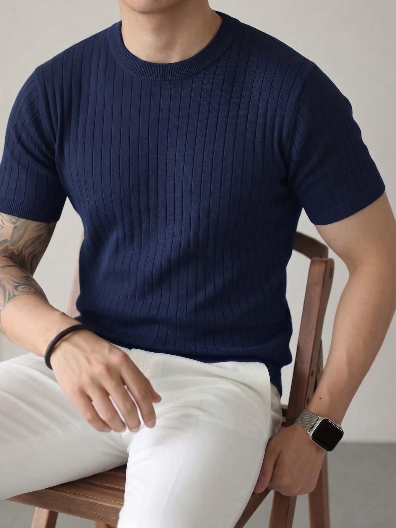 Men's Ribbed Crew Neck Short Sleeve Sweater