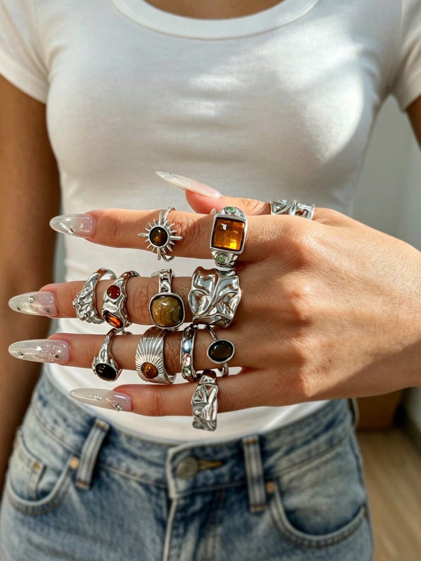12pcs Boho Vintage Faux Gemstone Women's Rings Set, Suitable For Vacation, Daily Wear And Party