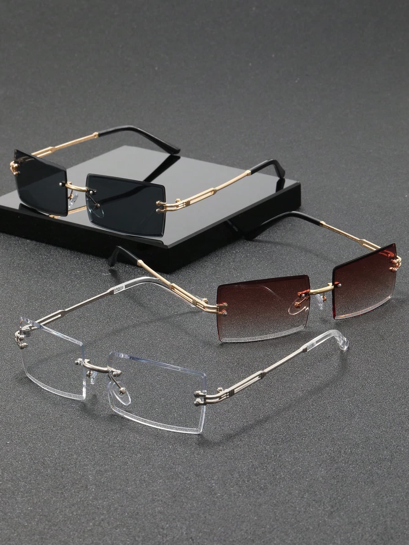 3pcs/Set Unisex Rectangular Frameless Metal Fashion Glasses, International Fashion Week Style Eyeglasses, Perfect For Daily Life, Business Style, High-End Social And Outdoor Travel