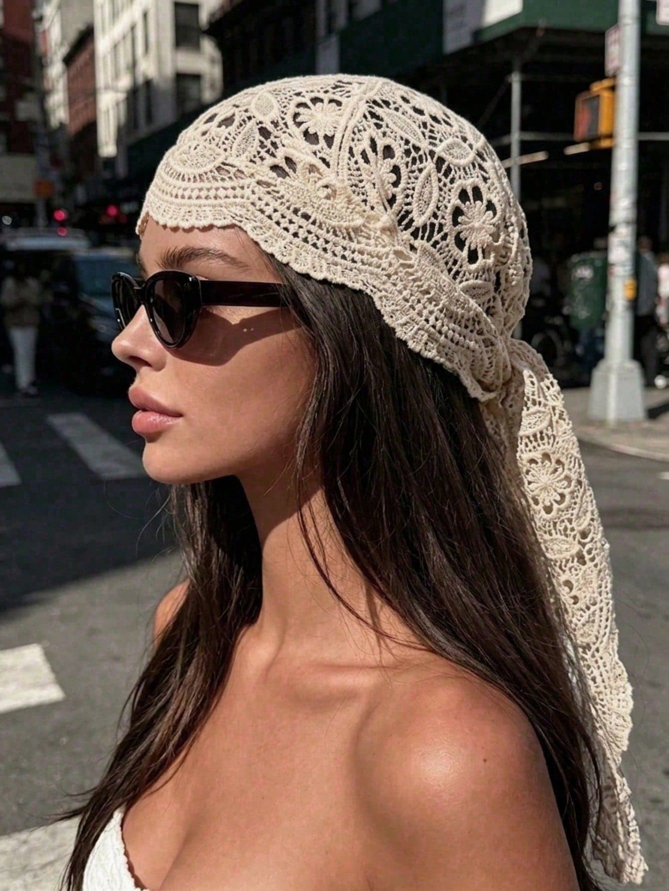 1pc Solid Color Crochet Floral Lace Thin Outerwear Triangle Knot Scarf For Women, Spring/Summer Stylish Decorative Collar Trim, Minimalist