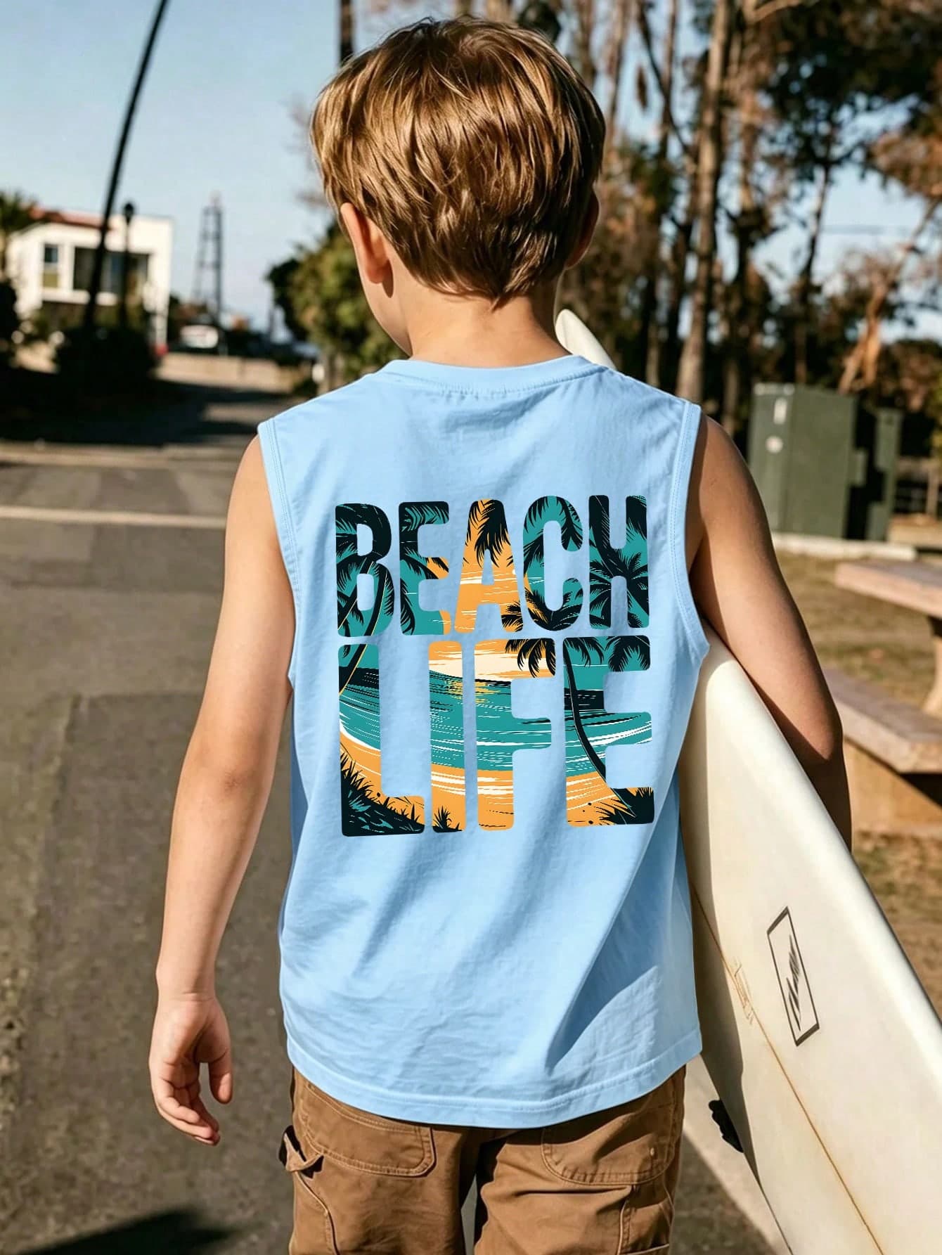 1pc Cool Letter Print Beach Design Round Neck Sleeveless Tank Top For Boys - Summer New Comfortable Boys Clothing