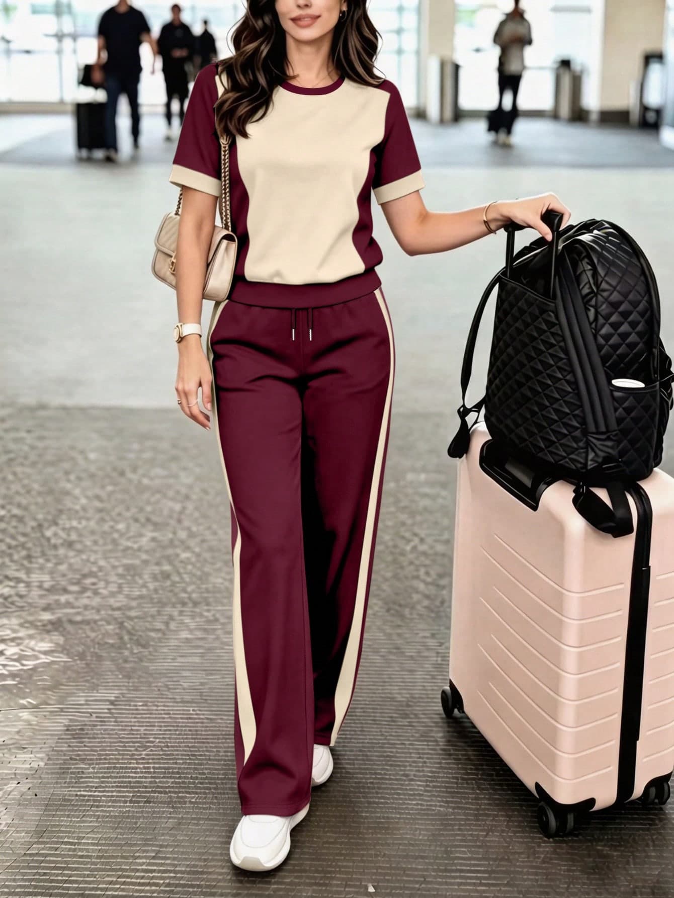 Spring/Summer Women's Casual Matching Color Block Crew Neck Short Sleeve Top And High Waist Loose Straight Leg Pants 2-Piece Set, T-Shirt And Color Block Pants Suit, Vacation Outfit, Travel Wear, Beach Style, Minimalist Resort Wear