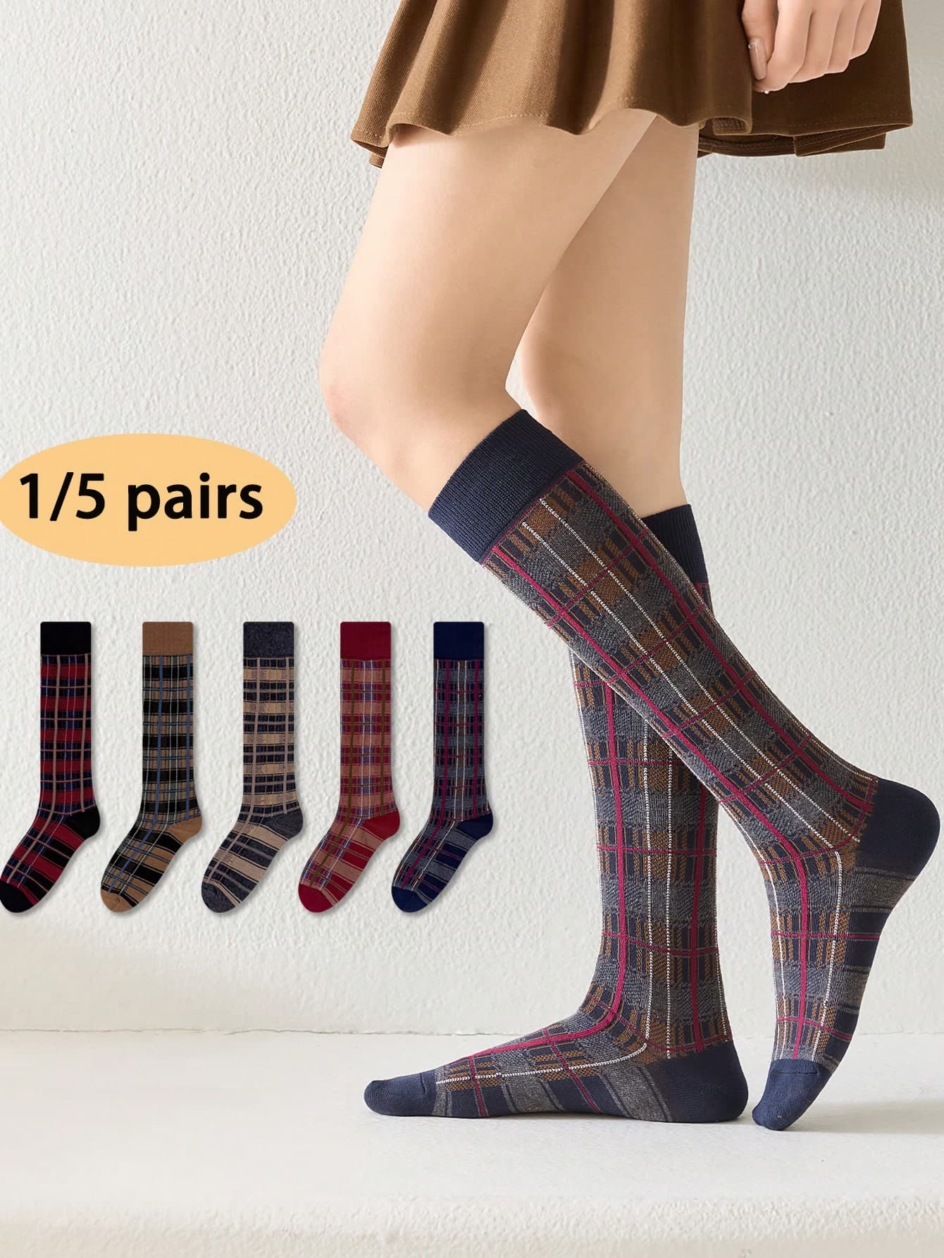 1/5 Pairs Women's Calf Socks, Retro Plaid Pattern Color Block Patchwork Preppy Style Slimming Long Tube Socks, Can Be Paired With Skirts