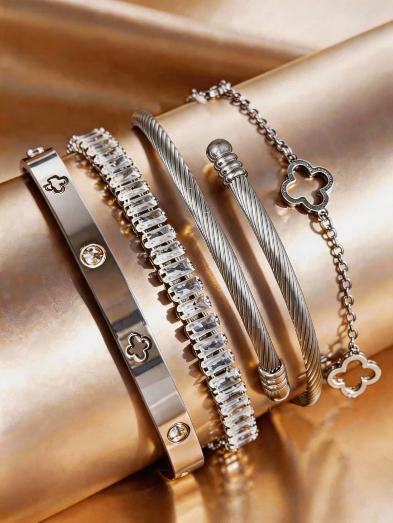 4pcs/1pc Fashion Luxury Stainless Steel Rhinestone Bracelet And Four-Leaf Clover Bangle, Vintage Elegant Women Jewelry Set, Suitable For Daily Wear, Gift, Party, Fashion Holiday Gift